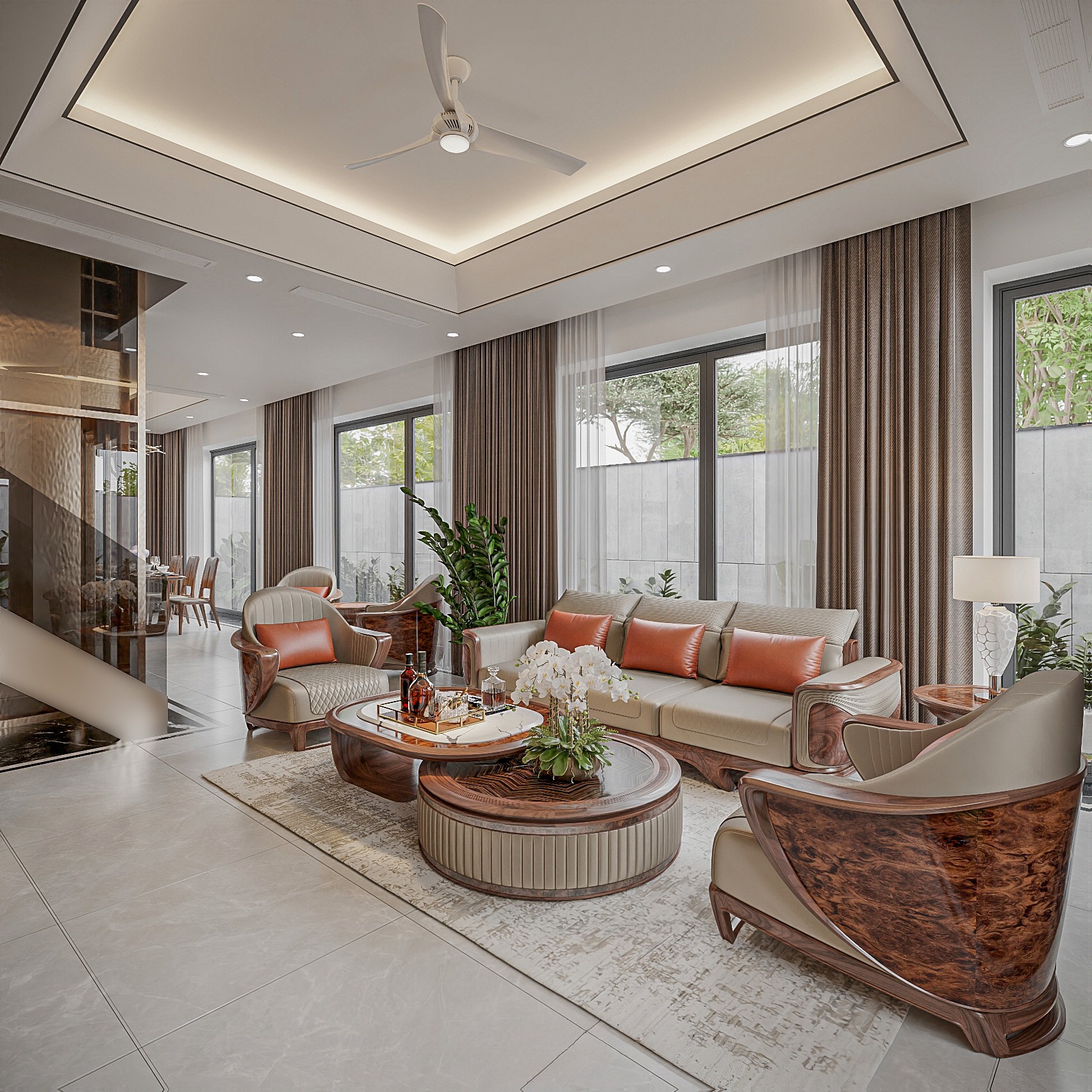 Mẫu bàn ghế phòng khách đẹp với bàn trà 2 tầng và ghế đơn veneer nu