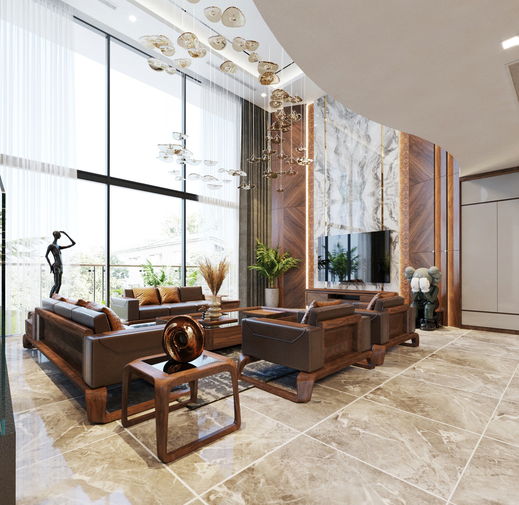 Mẫu bàn ghế sofa gỗ mới nhất khung gỗ tự nhiên màu nâu trầm với bàn trà mặt kính đen