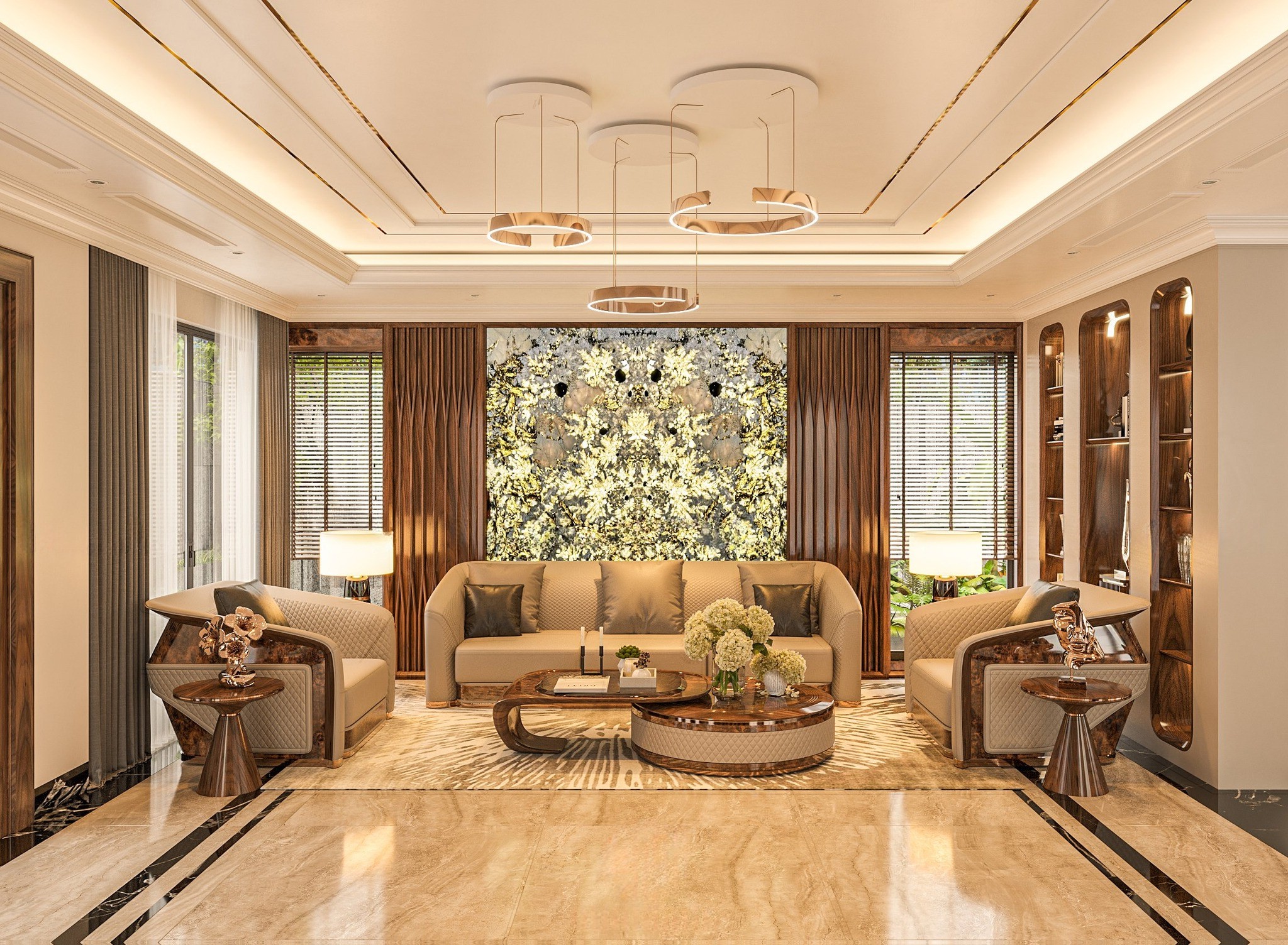 Mẫu ghế sofa gỗ phòng khách bọc da PU be đậm và bàn trà gỗ đá sang trọng