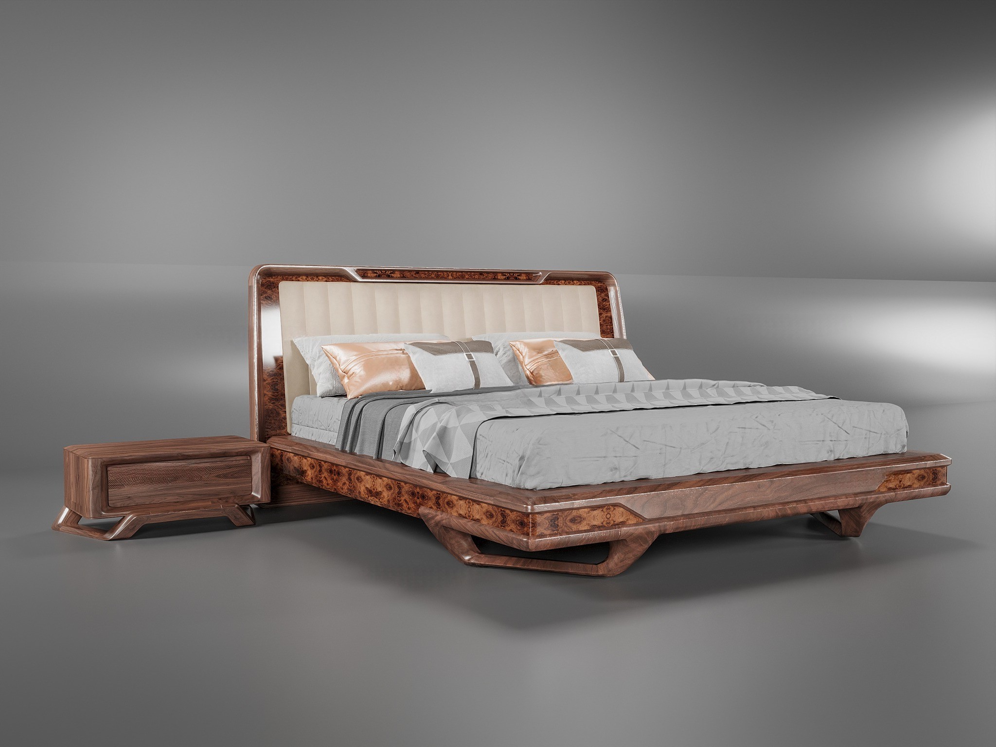 Mẫu giường ngủ gỗ óc chó tự nhiên với thiết kế hình hộp chữ nhật và tựa đầu bọc da màu be