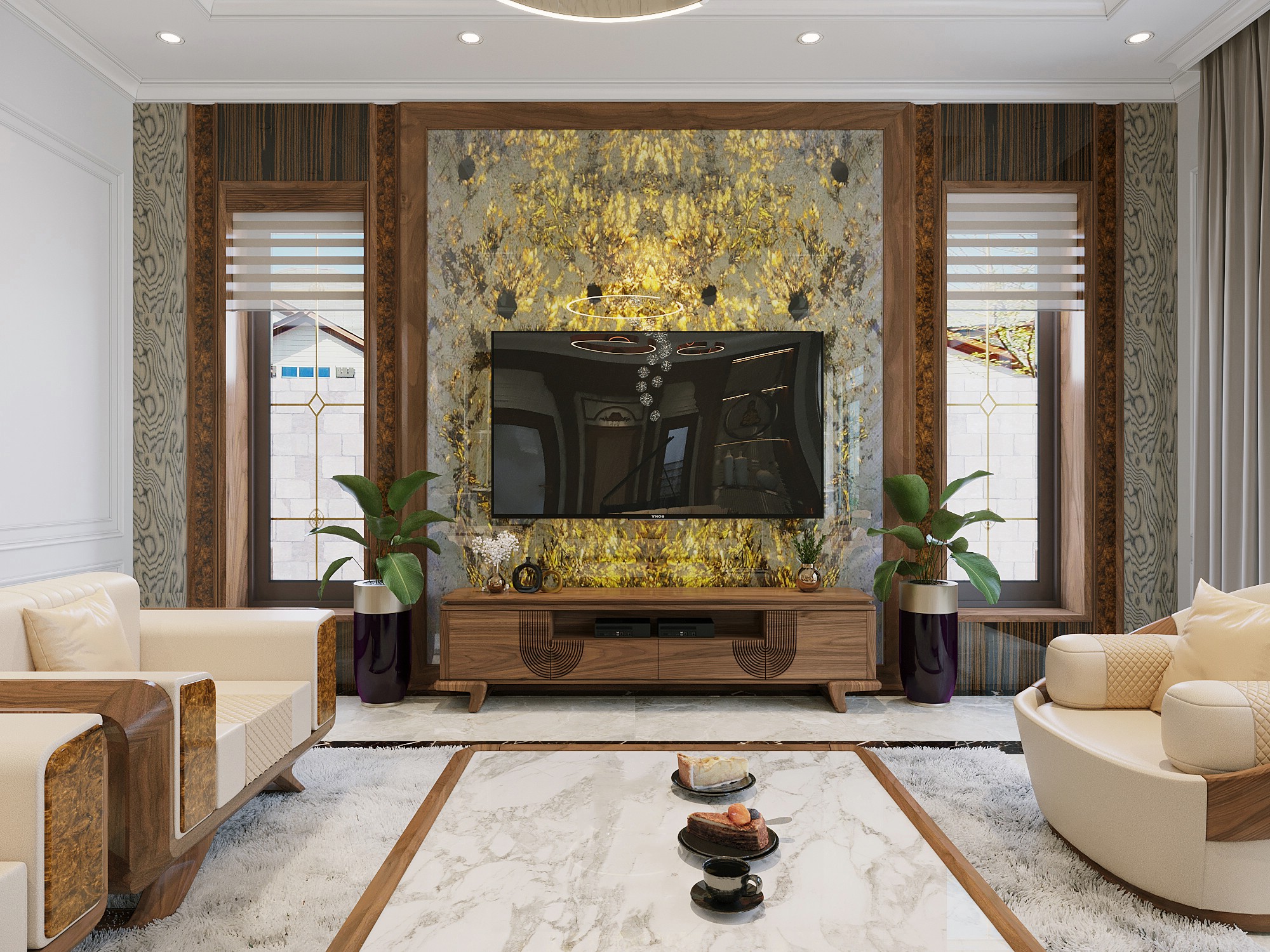 Mẫu kệ tivi đẹp hiện đại gỗ óc chó CNC vòm cung với vách ốp PVC Onyx