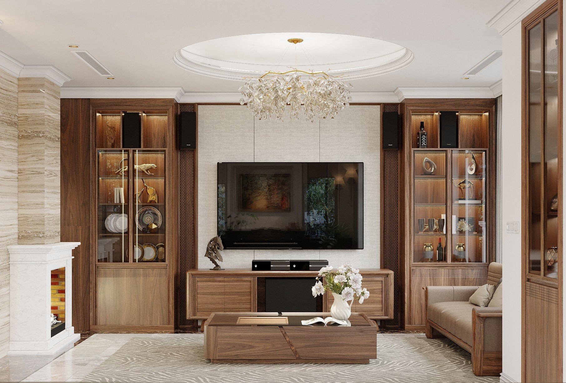 Mẫu kệ tivi phòng khách gỗ tự nhiên kiểu dáng chữ nhật hiện đại