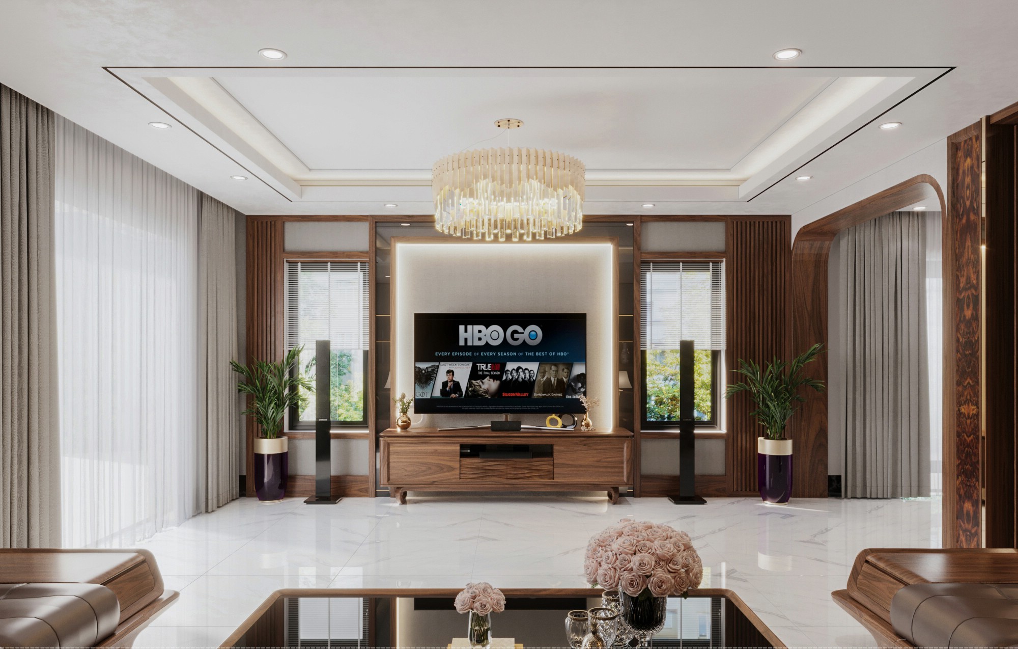 Mẫu kệ tivi phòng khách gỗ tự nhiên dáng chữ nhật với chân chữ U và ngăn kéo sóng nước