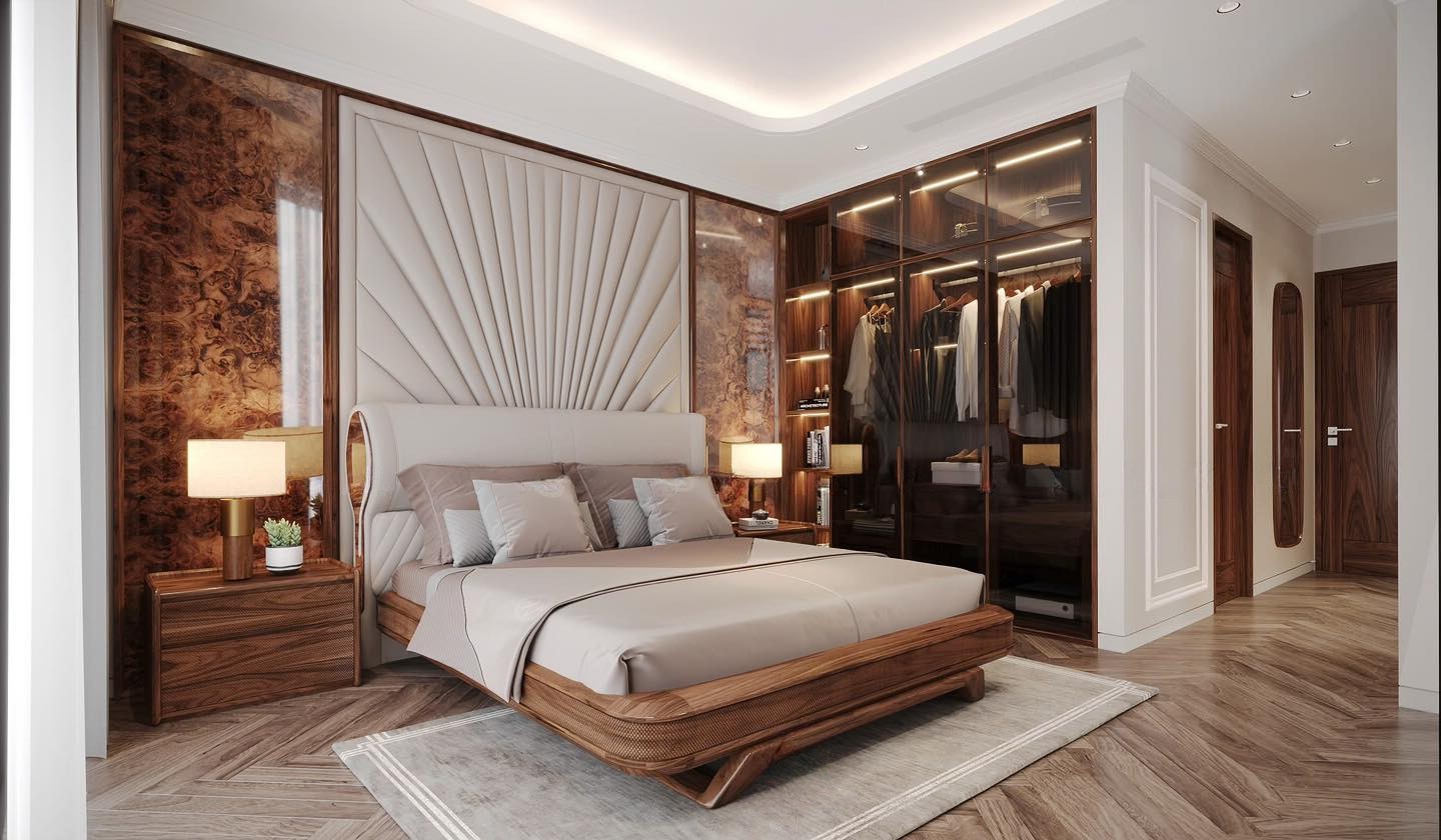 Mẫu nội thất phòng ngủ với tủ quần áo âm tường và giường gỗ CNC