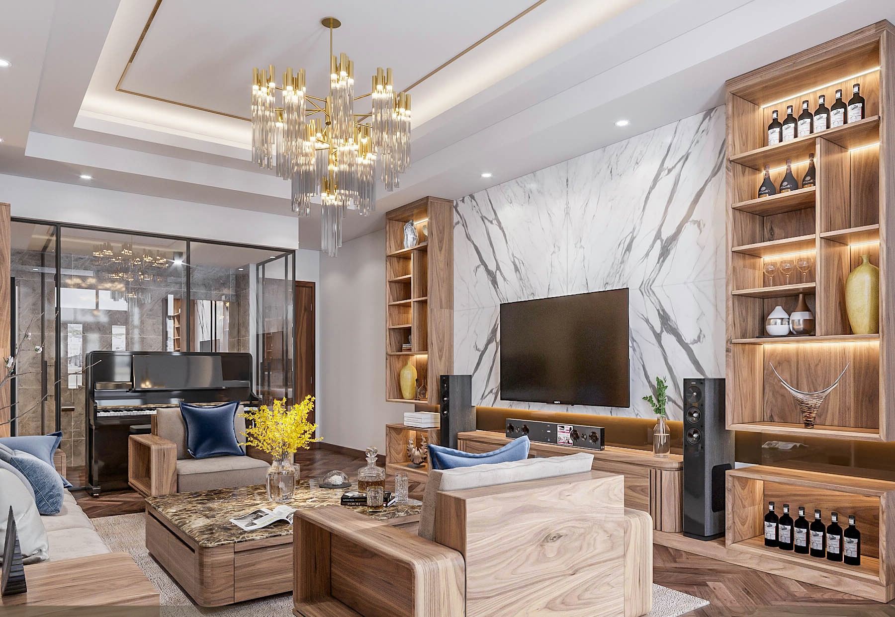 Mẫu phòng khách đẹp hiện đại nội thất gỗ sồi, tường ốp vân đá và bàn trà đá đen