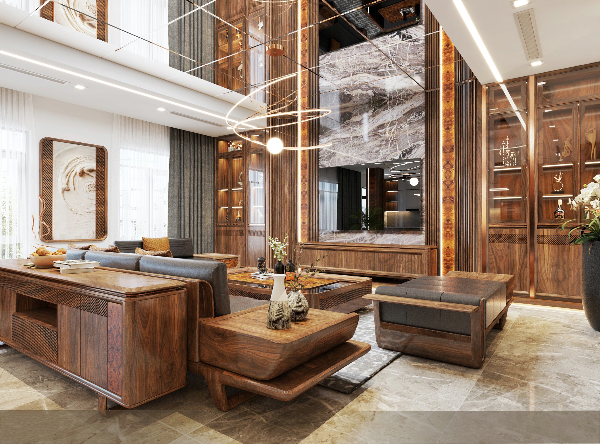 Mẫu phòng khách hiện đại với trần gương, vách lam sóng và nội thất gỗ óc chó