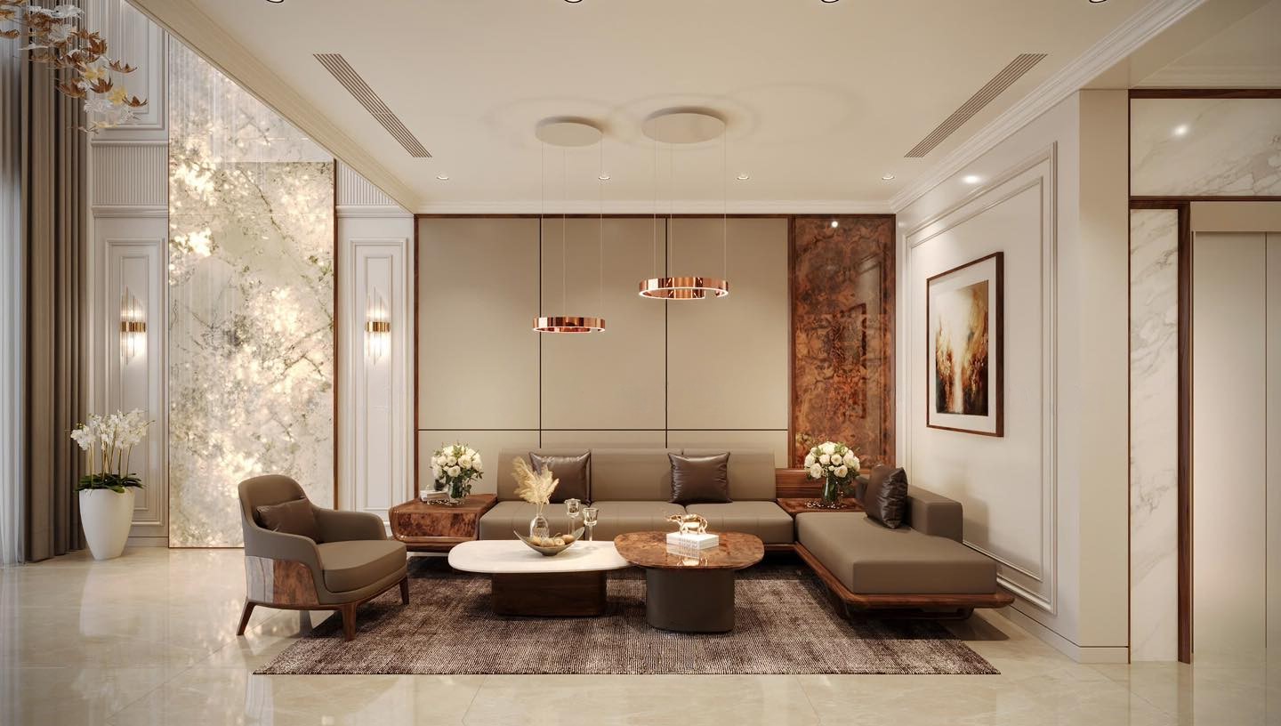 Mẫu sofa gỗ chữ L đẹp bằng gỗ óc chó hoặc gỗ sồi với đệm da nâu và bàn trà 2 tầng