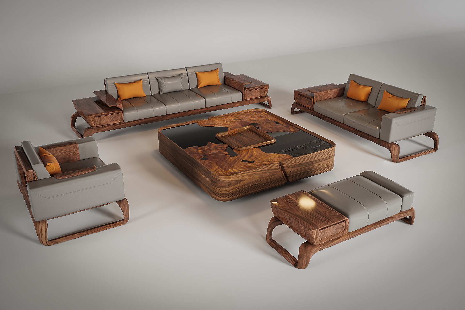 Mẫu sofa gỗ đẹp bằng gỗ óc chó màu nâu trầm với đệm da ghi đá hiện đại