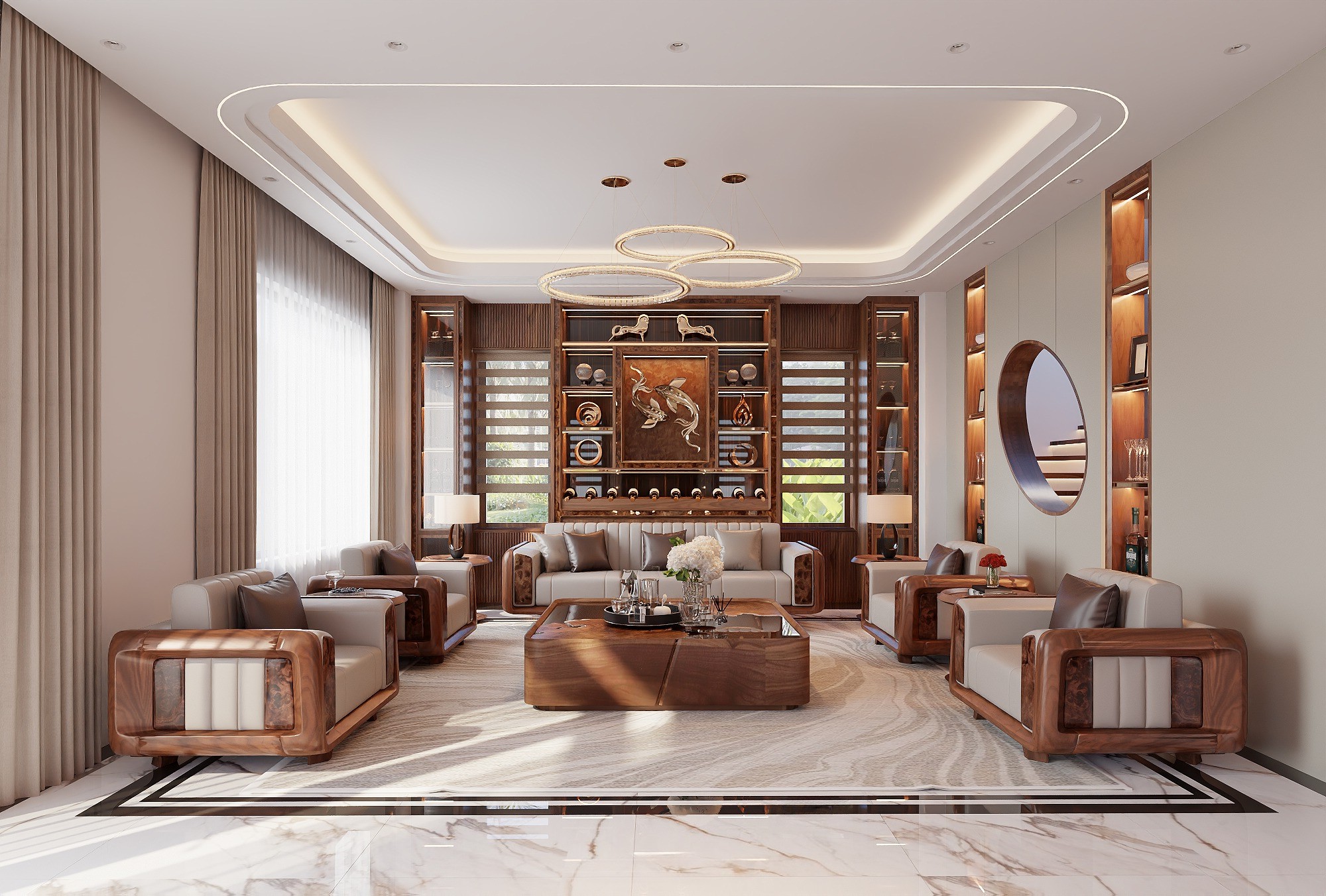 Mẫu sofa gỗ óc chó với đệm da màu ghi và tay vịn ốp veneer nu sang trọng