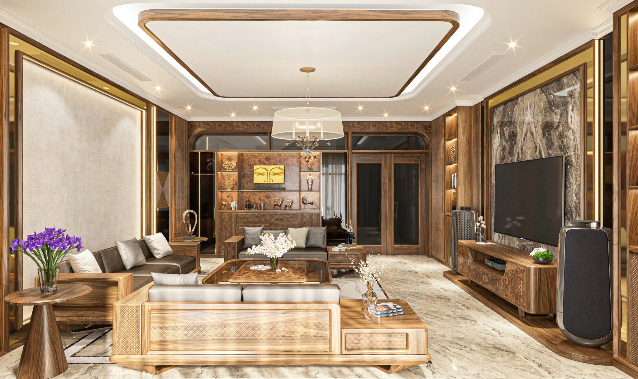 Mẫu thiết kế phòng khách với bàn ghế gỗ óc chó, bàn trà hộp vuông, kệ tivi veneer nu và vách đá marble