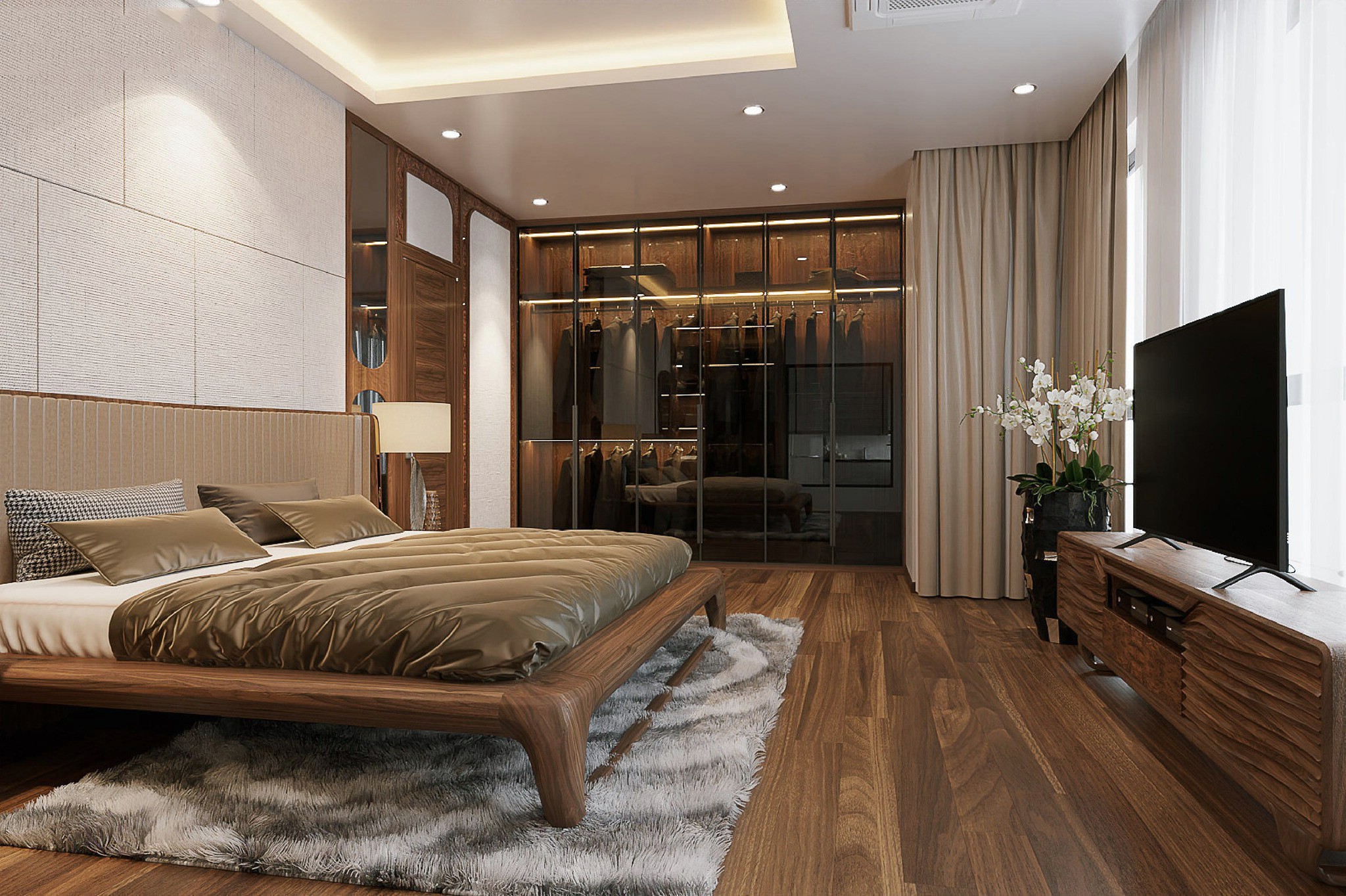 Mẫu thiết kế phòng ngủ đẹp với giường gỗ óc chó và tủ quần áo kính sang trọng