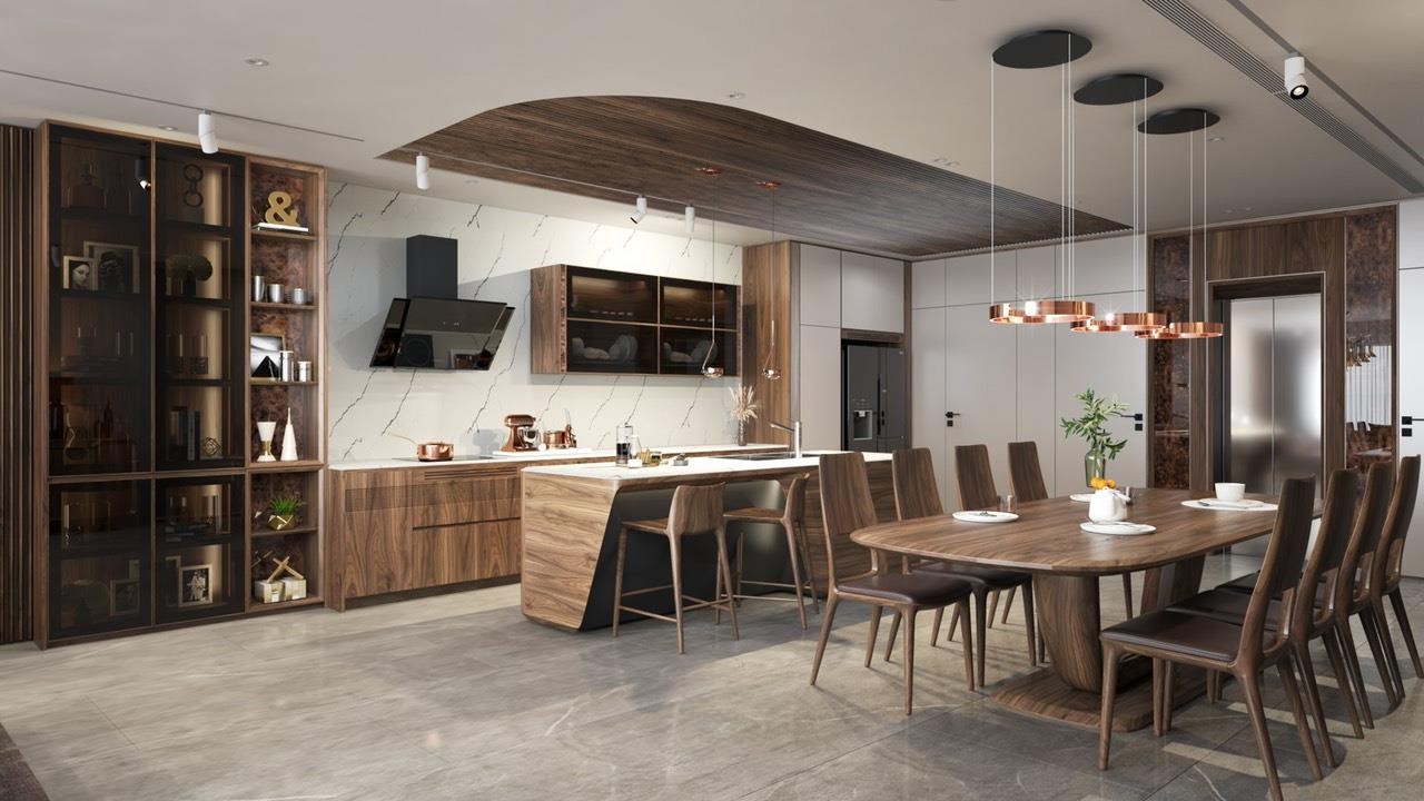 Mẫu thiết kế tủ bếp chữ I nhỏ gọn hiện đại bằng gỗ óc chó và acrylic trắng