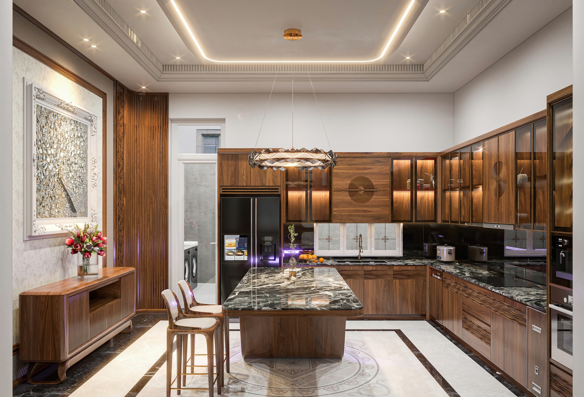 Mẫu tủ bếp bằng gỗ thiết kế chữ L với đảo bếp, mặt cánh kết hợp kính và gỗ, bàn đá marble đen vân trắng