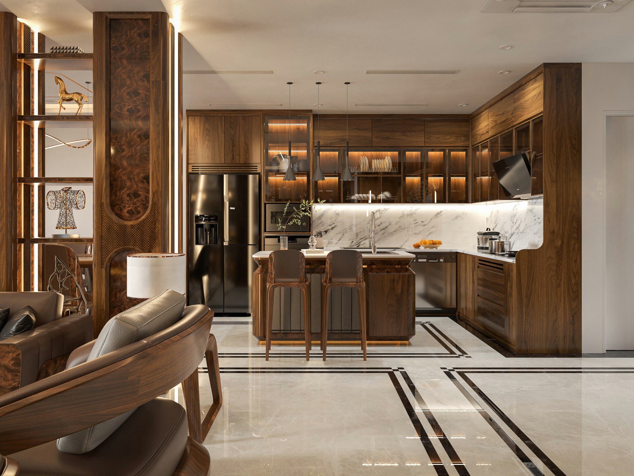 Mẫu tủ bếp đẹp hình chữ L hiện đại với gỗ tự nhiên và bàn bar sang trọng