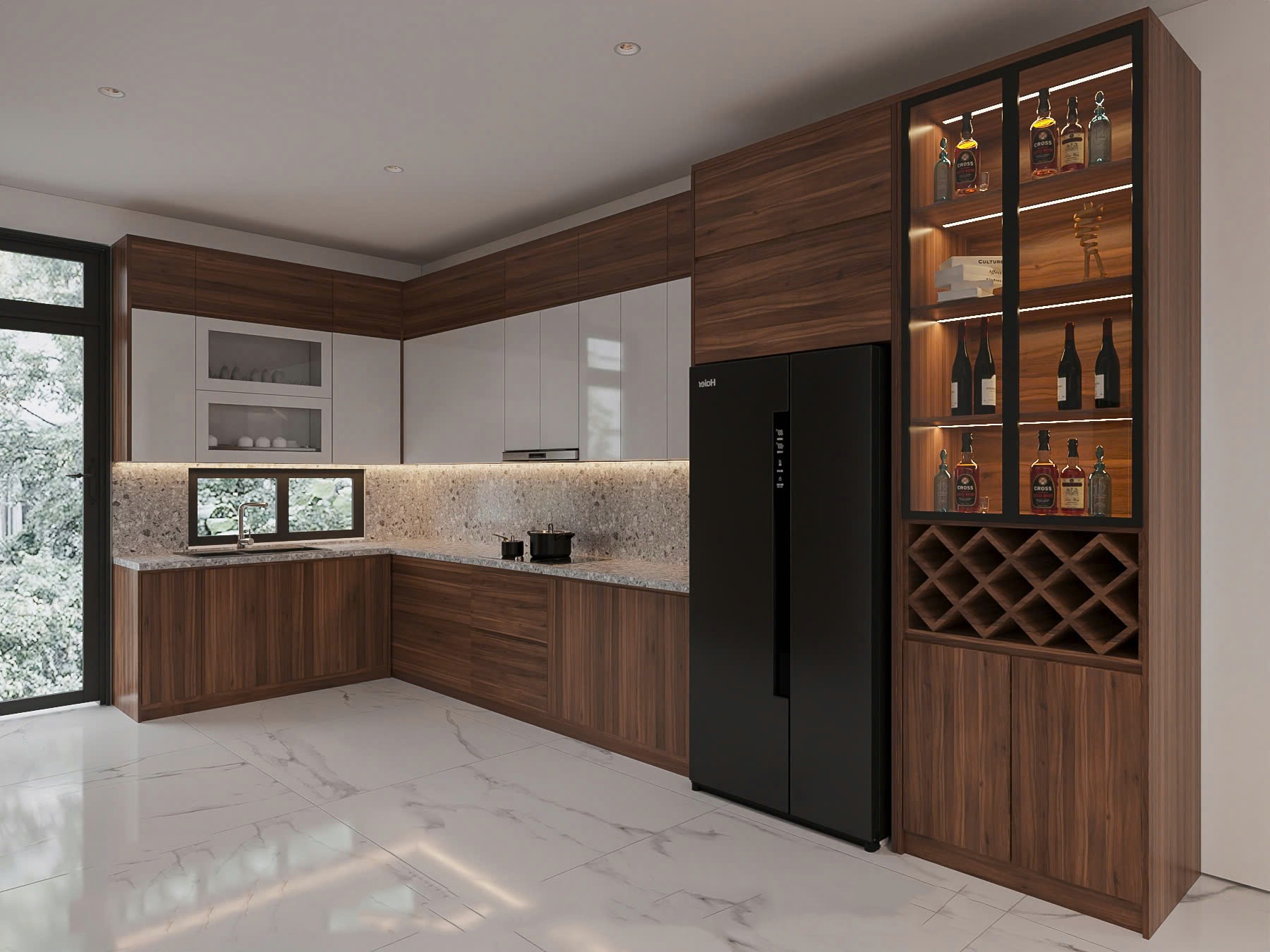 Mẫu tủ bếp gỗ chữ L đẹp bằng MDF laminate nâu và acrylic trắng