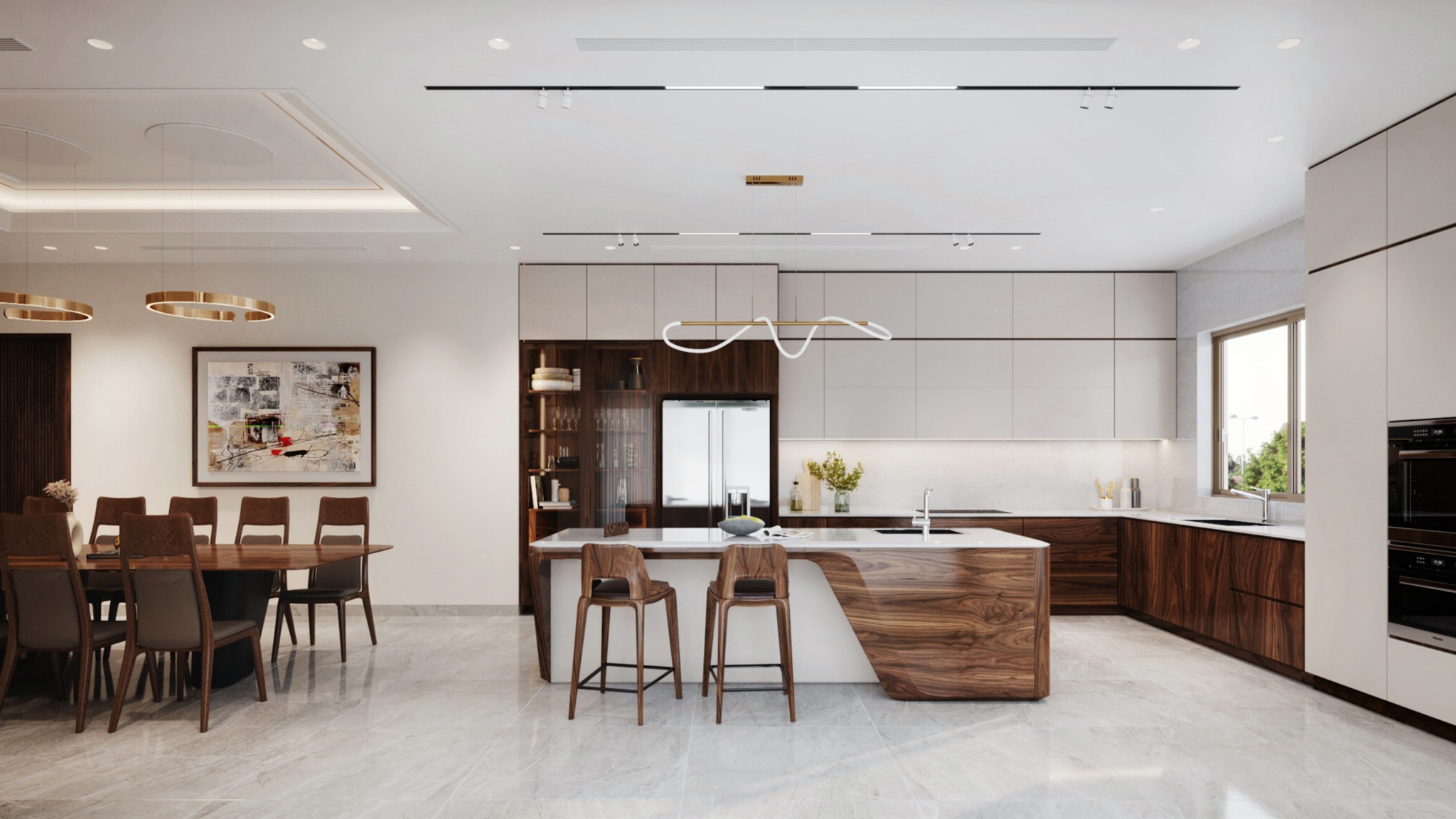 Mẫu tủ bếp gỗ đẹp chữ L cao kịch trần với bàn bar hiện đại