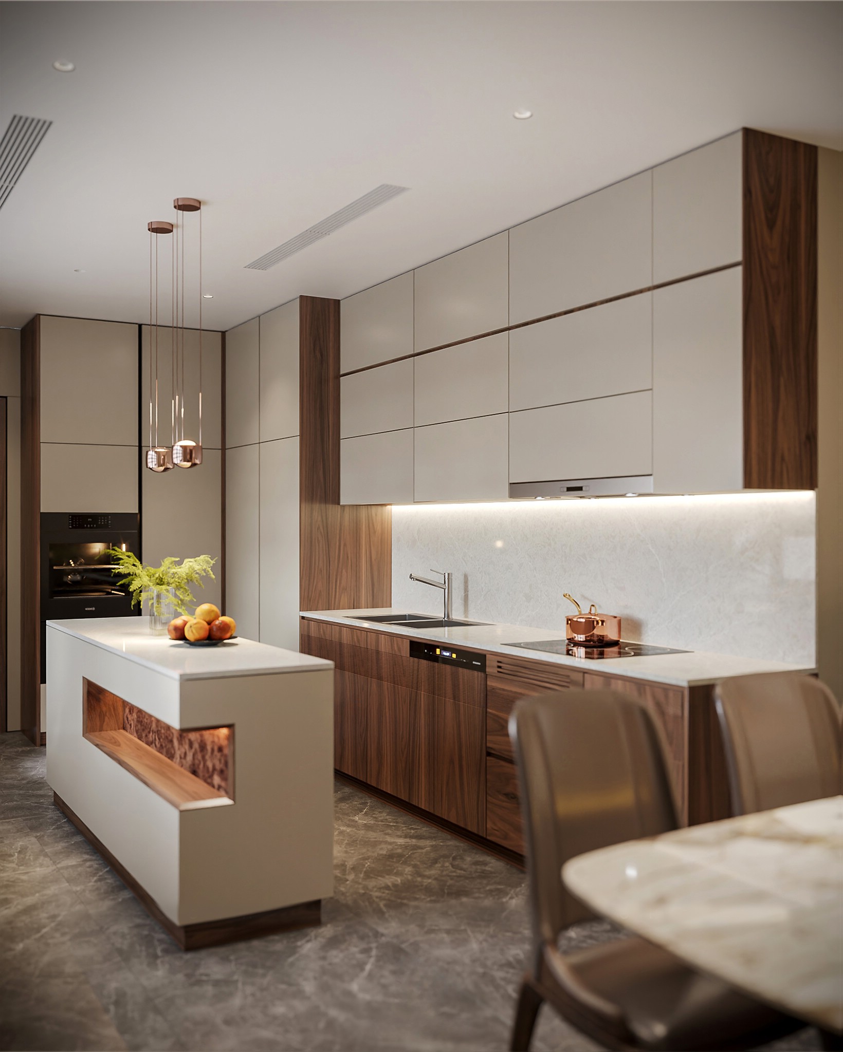 Mẫu tủ bếp gỗ đẹp hiện đại chữ I nhỏ gọn với gỗ óc chó nâu đậm và acrylic trắng