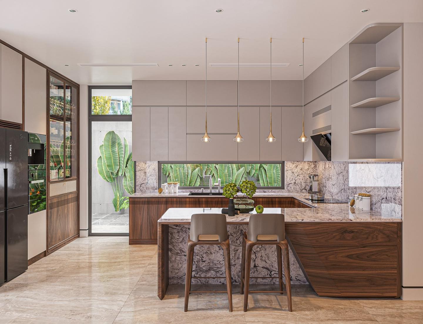 Mẫu tủ bếp hiện đại chữ L với tủ acrylic trắng ghi và laminate nâu vân gỗ óc chó