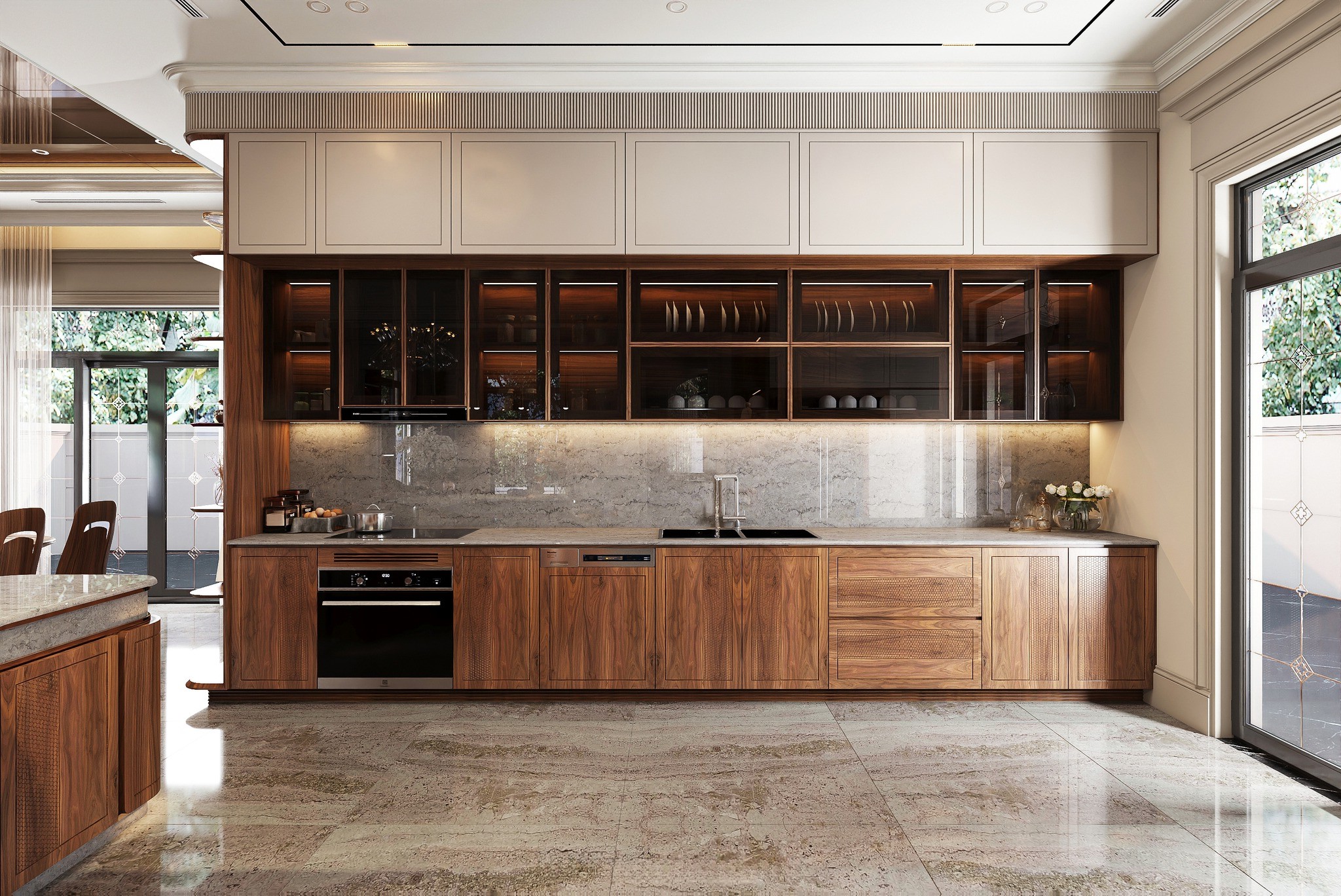 Mẫu tủ bếp thẳng đẹp chữ I bằng gỗ óc chó và acrylic trắng