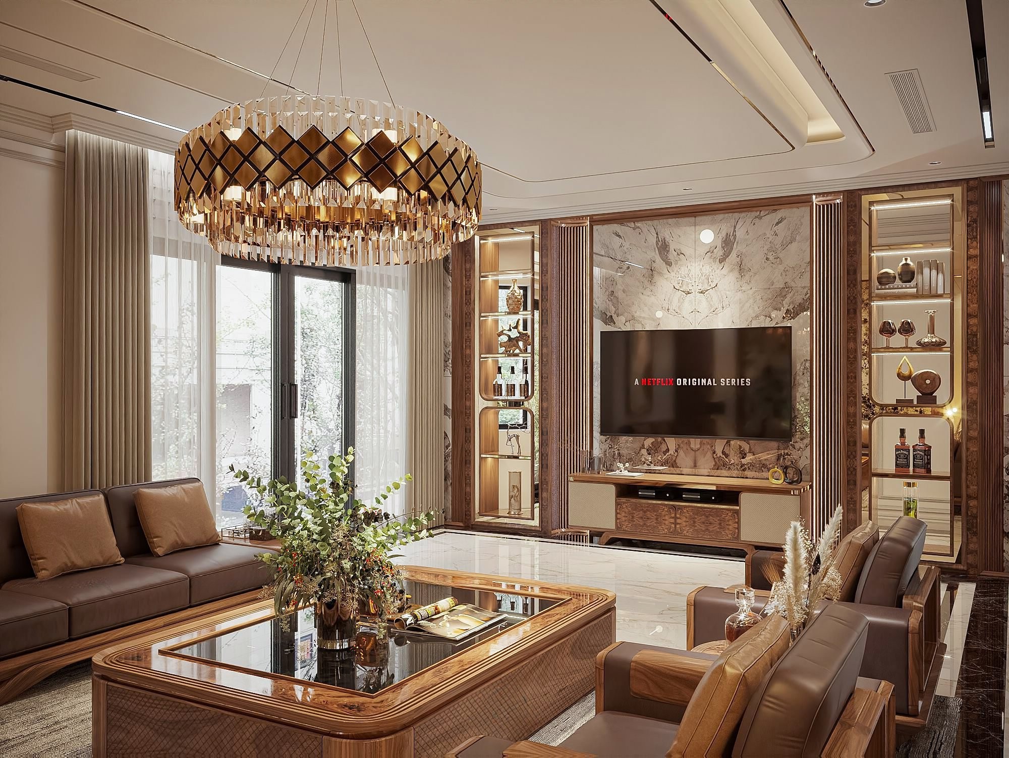 Mẫu tủ kệ tivi với cánh CNC mắt cáo và ngăn kéo veneer nu