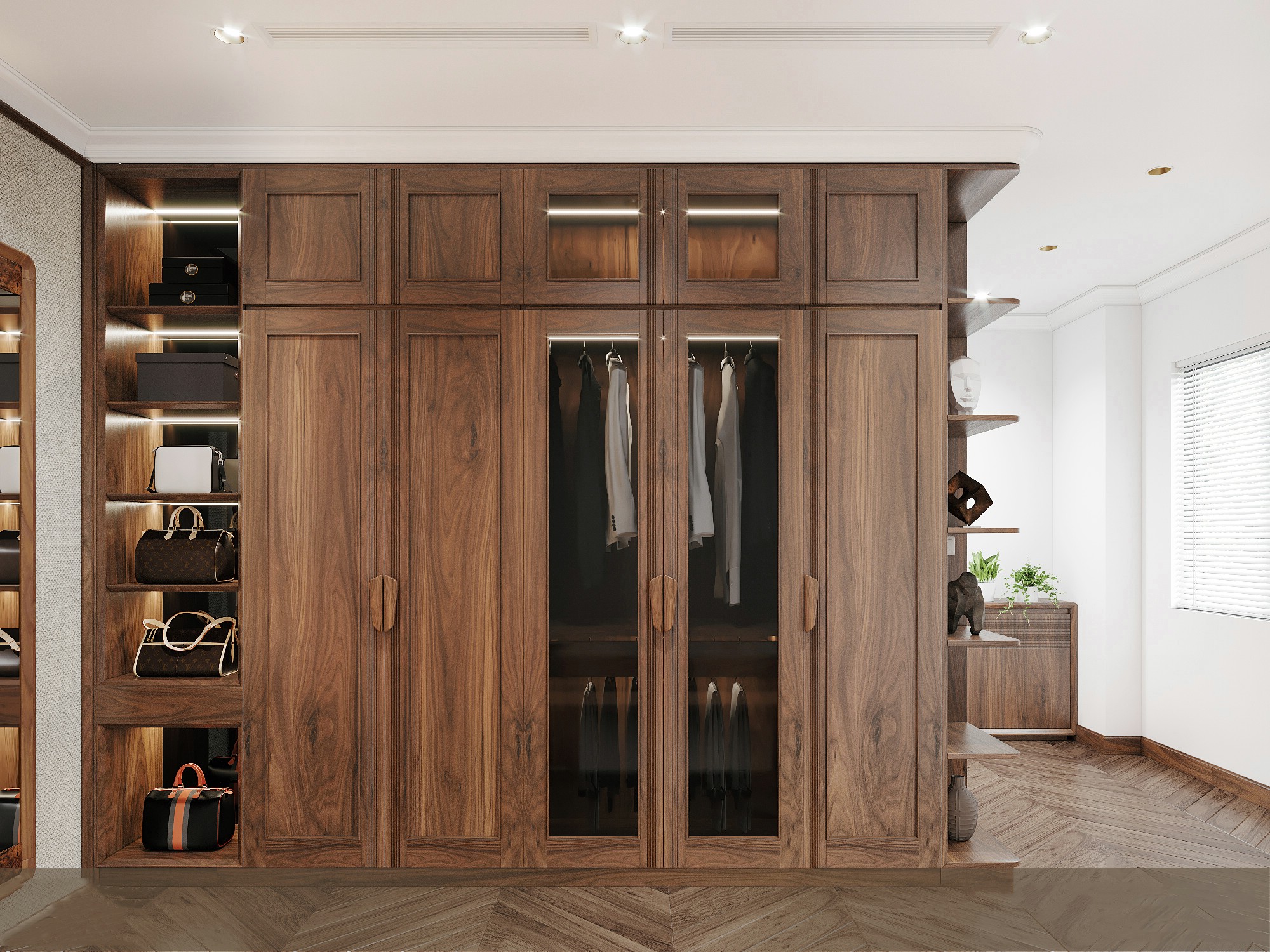 Mẫu tủ quần áo gỗ tự nhiên 6 cánh kết hợp kệ túi xách ốp kính đen có đèn led