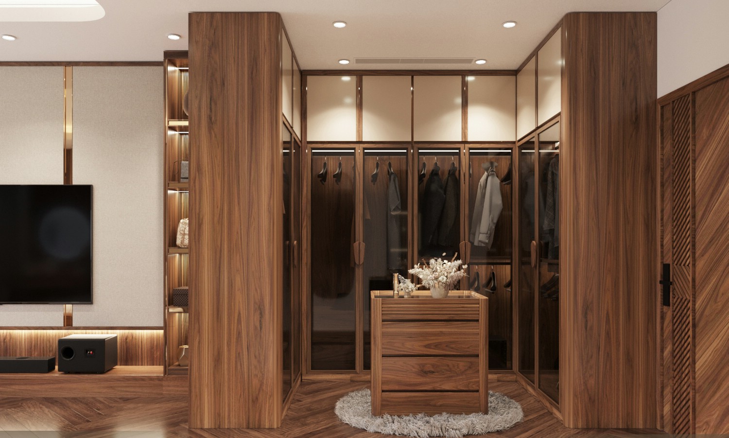 Mẫu tủ quần áo gỗ tự nhiên hiện đại chữ U với cánh kính và acrylic sang trọng