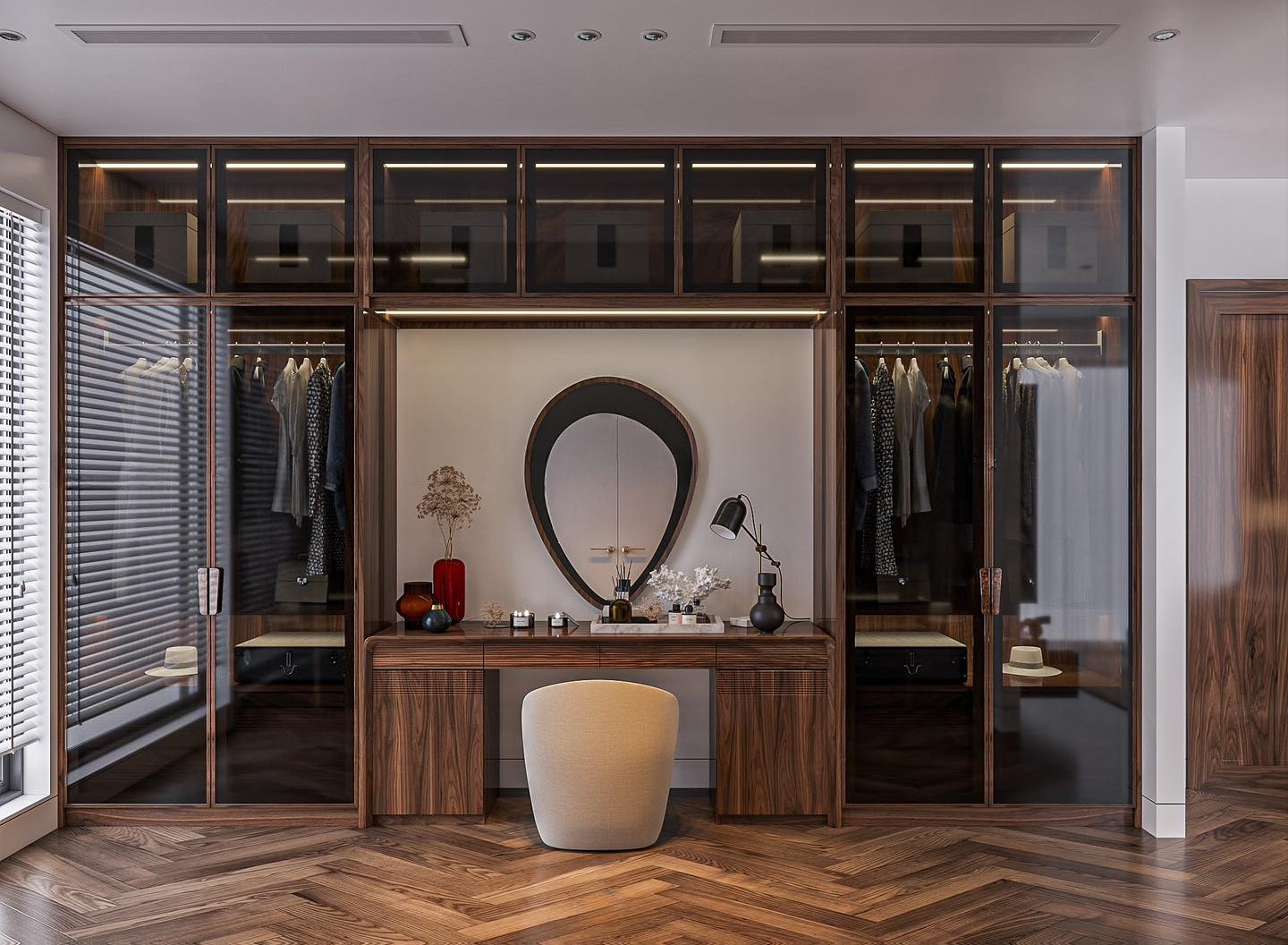 Mẫu tủ quần áo kết hợp bàn trang điểm chữ I gỗ tự nhiên màu nâu đậm