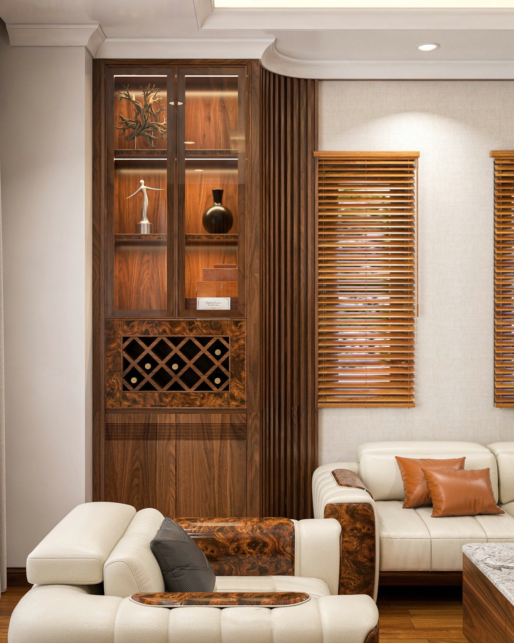 Mẫu tủ rượu phòng khách cao kịch sàn với cánh kính và ốp lam sóng chữ C