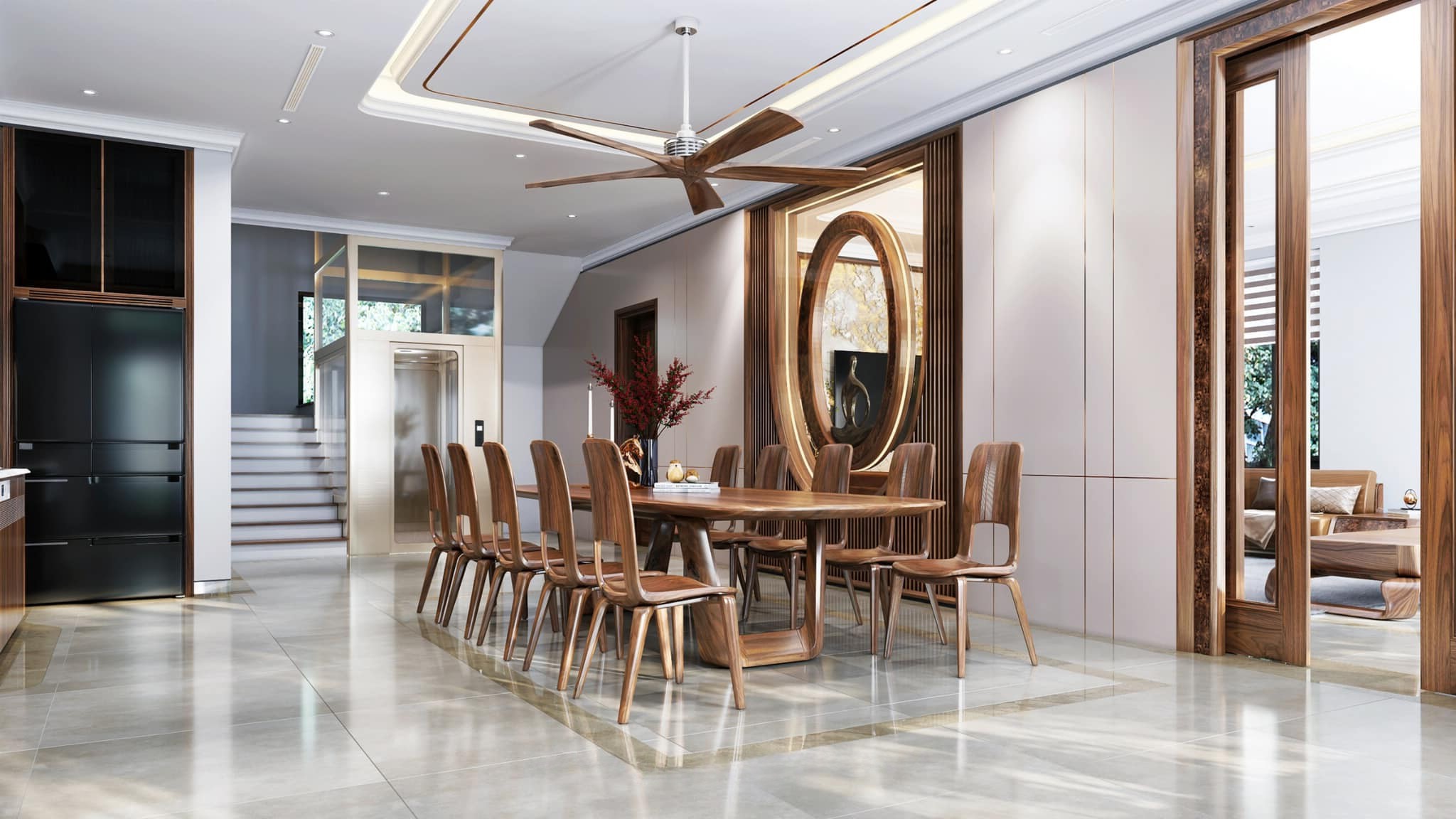 Mẫu vách ngăn phòng khách và phòng ăn gỗ tự nhiên hiện đại