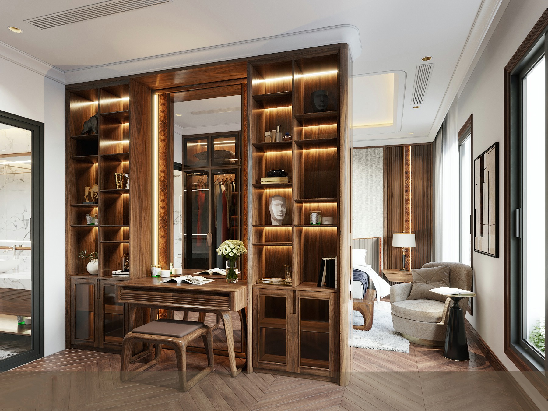 Mẫu vách ngăn phòng ngủ gỗ MDF phủ laminate màu nâu trầm kết hợp bàn trang điểm