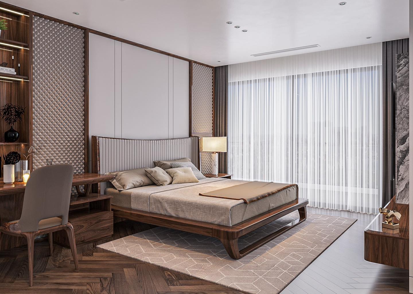 Nội thất giường ngủ gỗ óc chó hoặc gỗ sồi tự nhiên với tựa đầu bọc nệm vải hiện đại