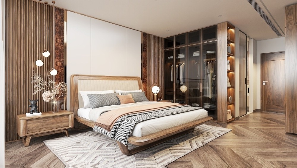 Nội thất phòng ngủ master hiện đại tone nâu – trắng với giường gỗ óc chó và tủ kính trong suốt