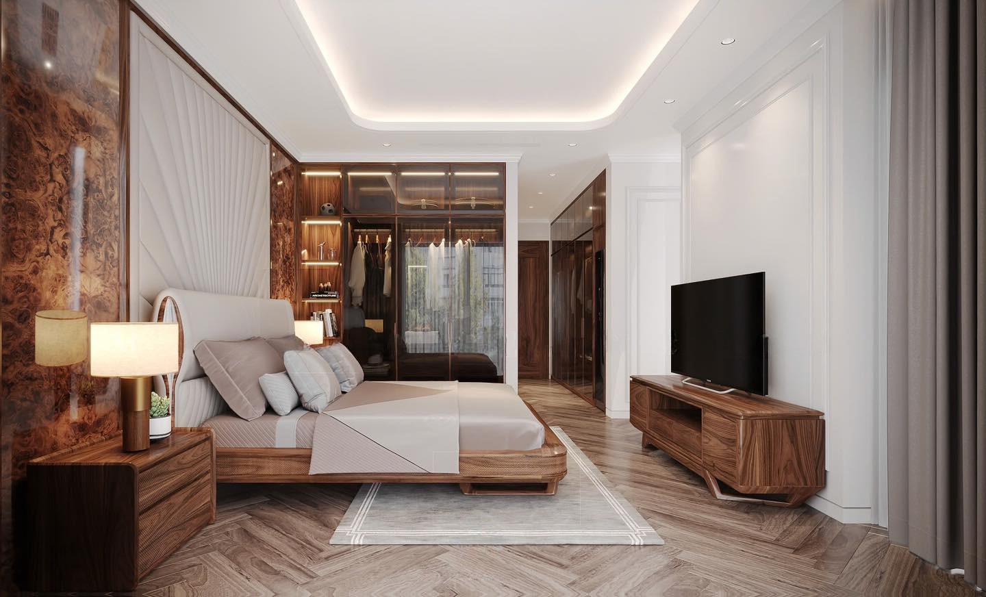 Nội thất phòng ngủ sang trọng với giường bọc nỉ và tủ quần áo kính