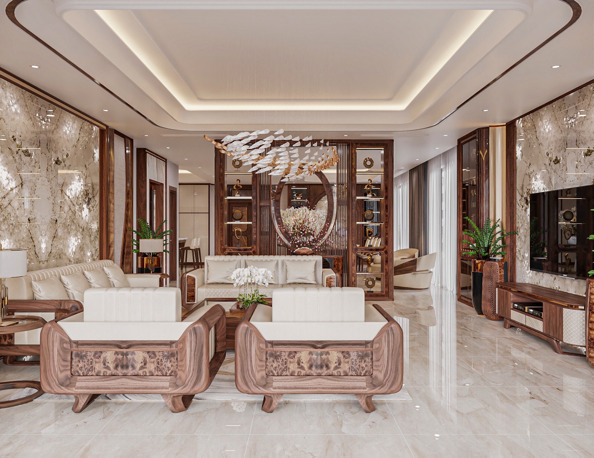 Phòng khách gỗ óc chó đẹp hiện đại với sofa và kệ tivi sang trọng