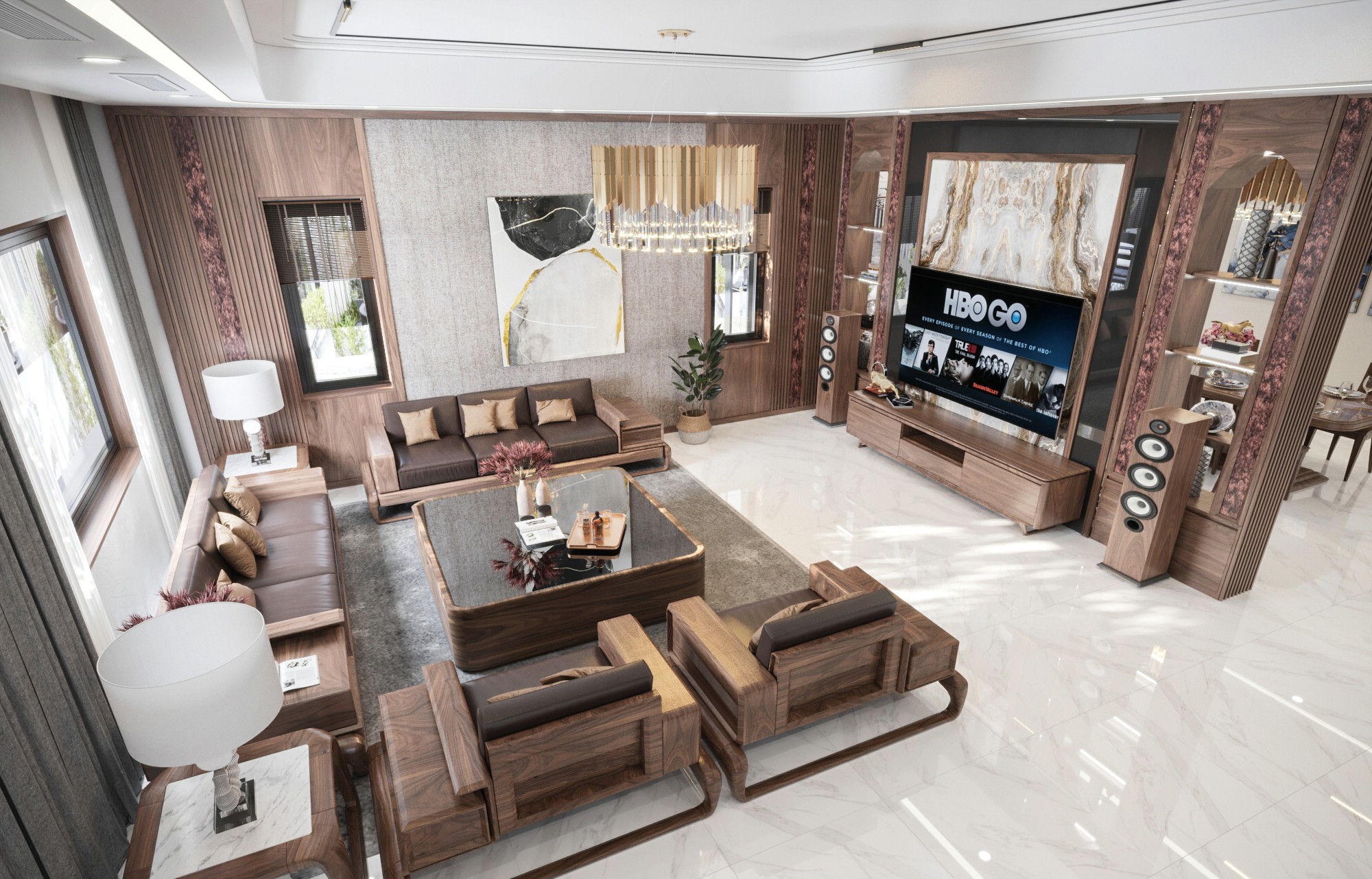 Phòng khách hiện đại sang trọng với sofa gỗ óc chó và bàn trà mặt kính đen