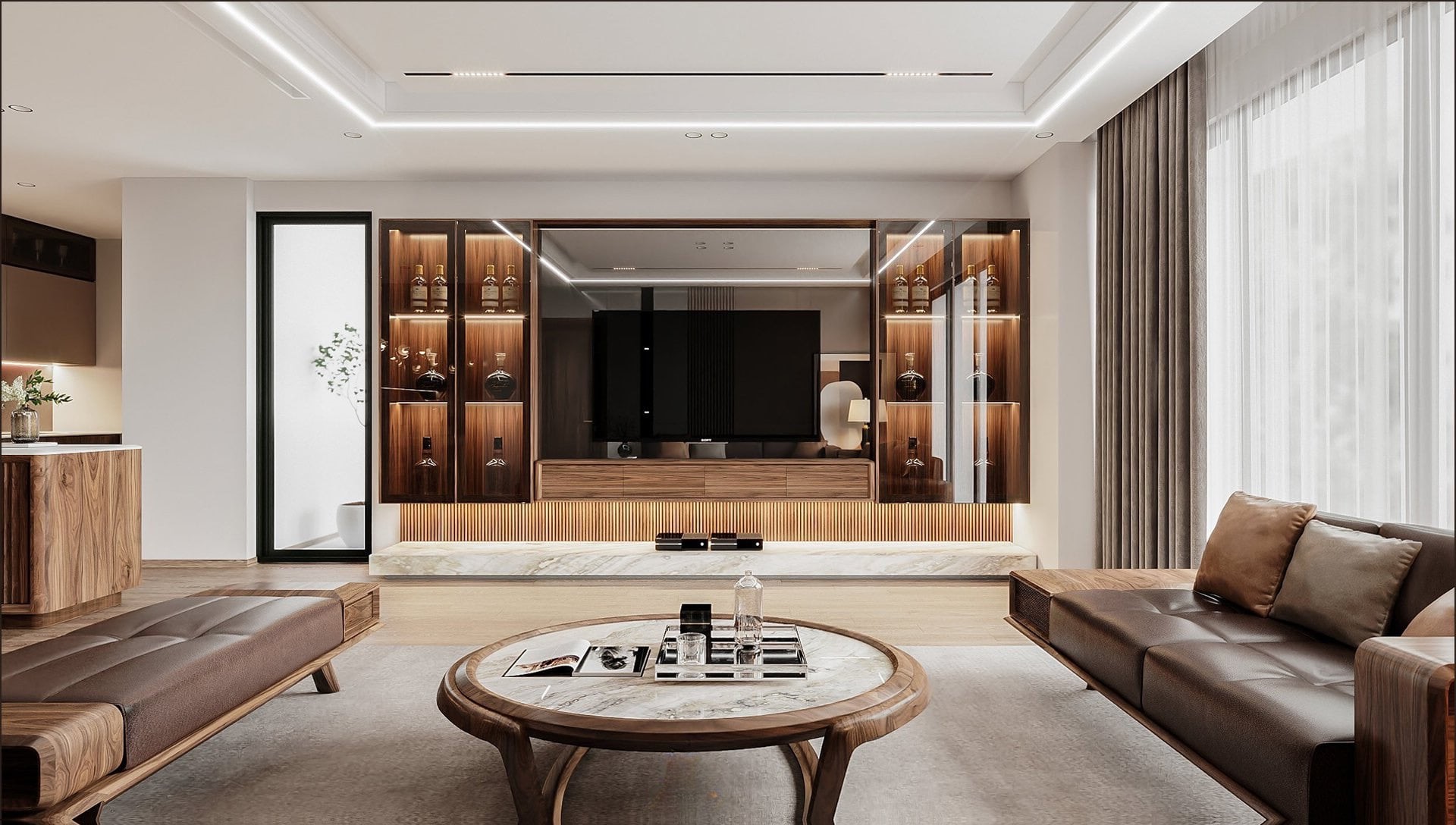 Phòng khách kệ tivi kết hợp tủ rượu treo tường và tường ốp gương