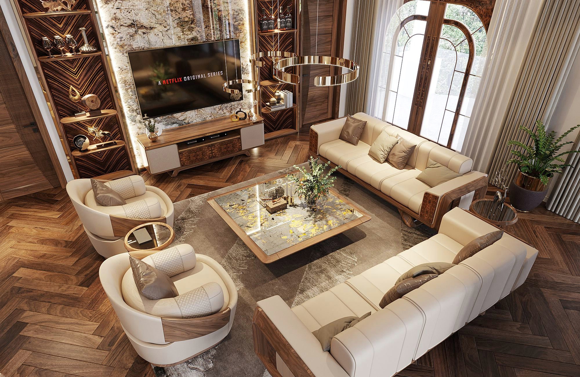 Phòng khách hiện đại với sofa da be, tường đá phát sáng và sàn gỗ xương cá