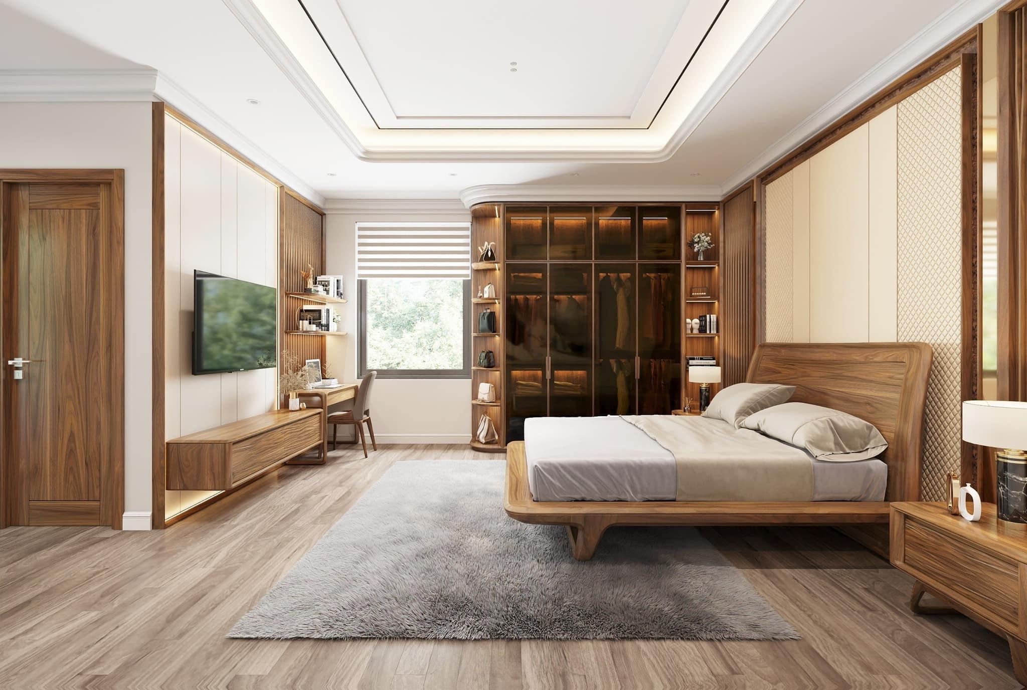 Phòng ngủ đẹp với giường dáng thấp, tủ kính trà và ốp đầu giường quả trám ánh kim