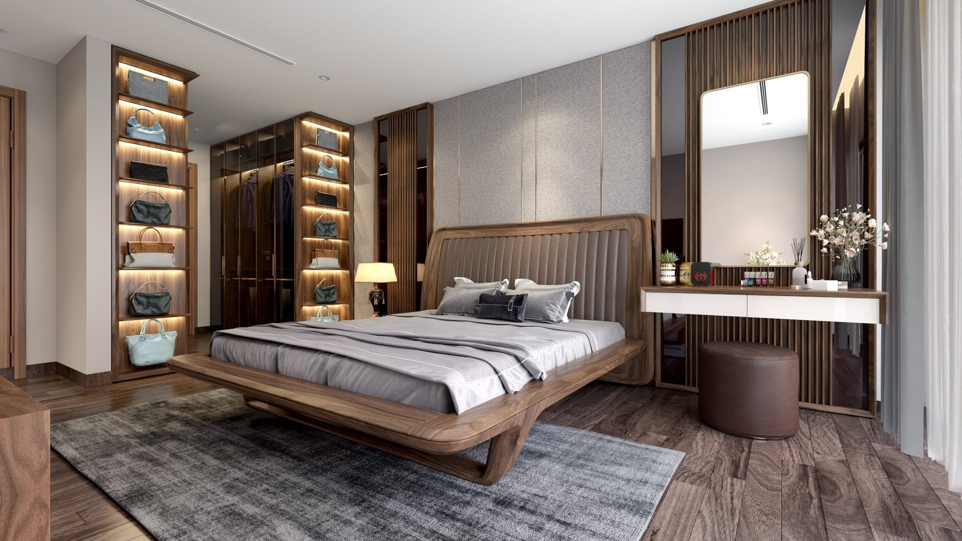 Phòng ngủ hiện đại với giường gỗ óc chó bệ thấp, tủ quần áo song song và bàn trang điểm gắn tường