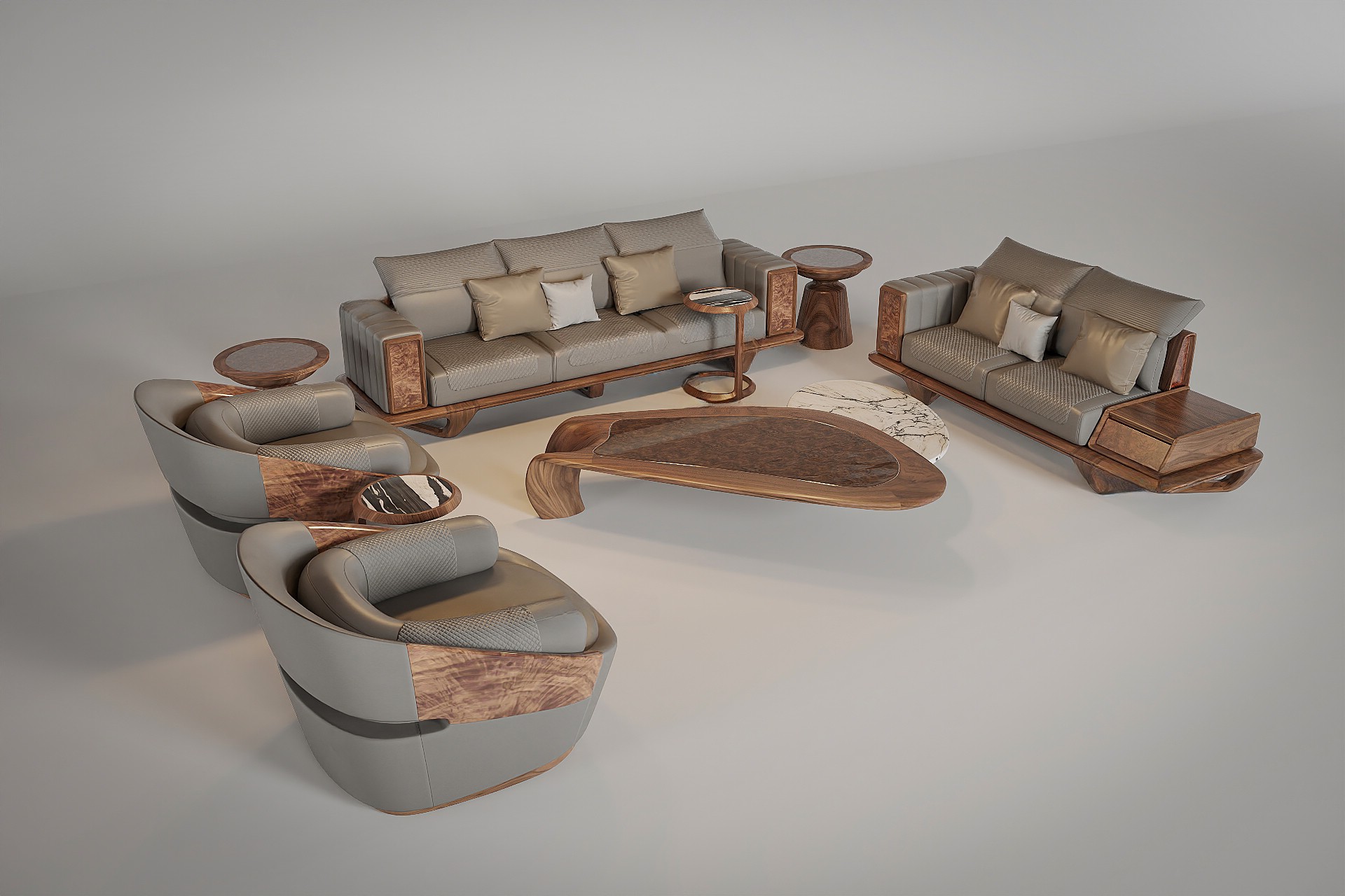 Sofa gỗ cao cấp hiện đại tay vịn bọc da và ốp veneer nu sang trọng