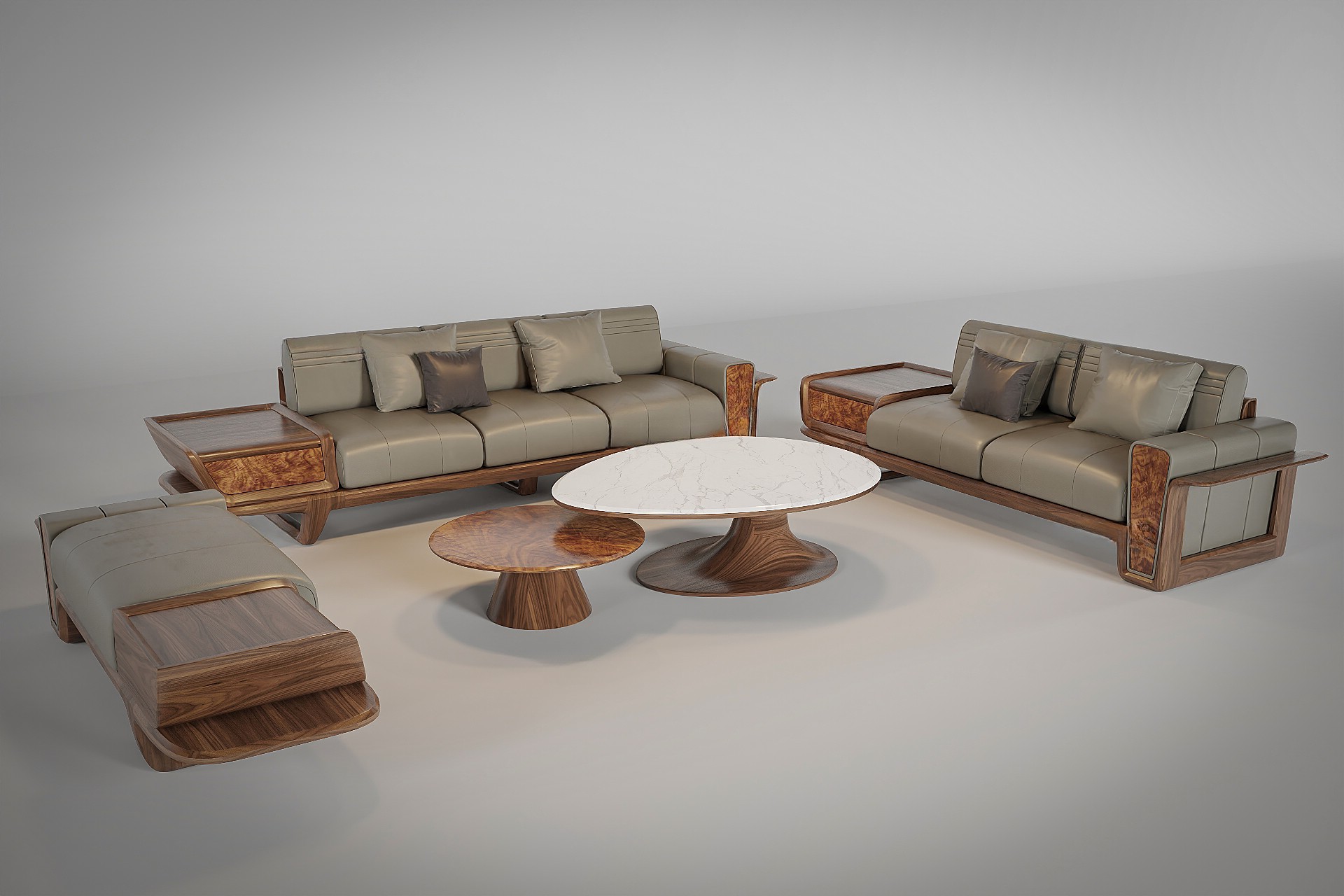 Sofa gỗ đẹp khung gỗ óc chó, tay vịn veneer nu và bàn trà đá marble