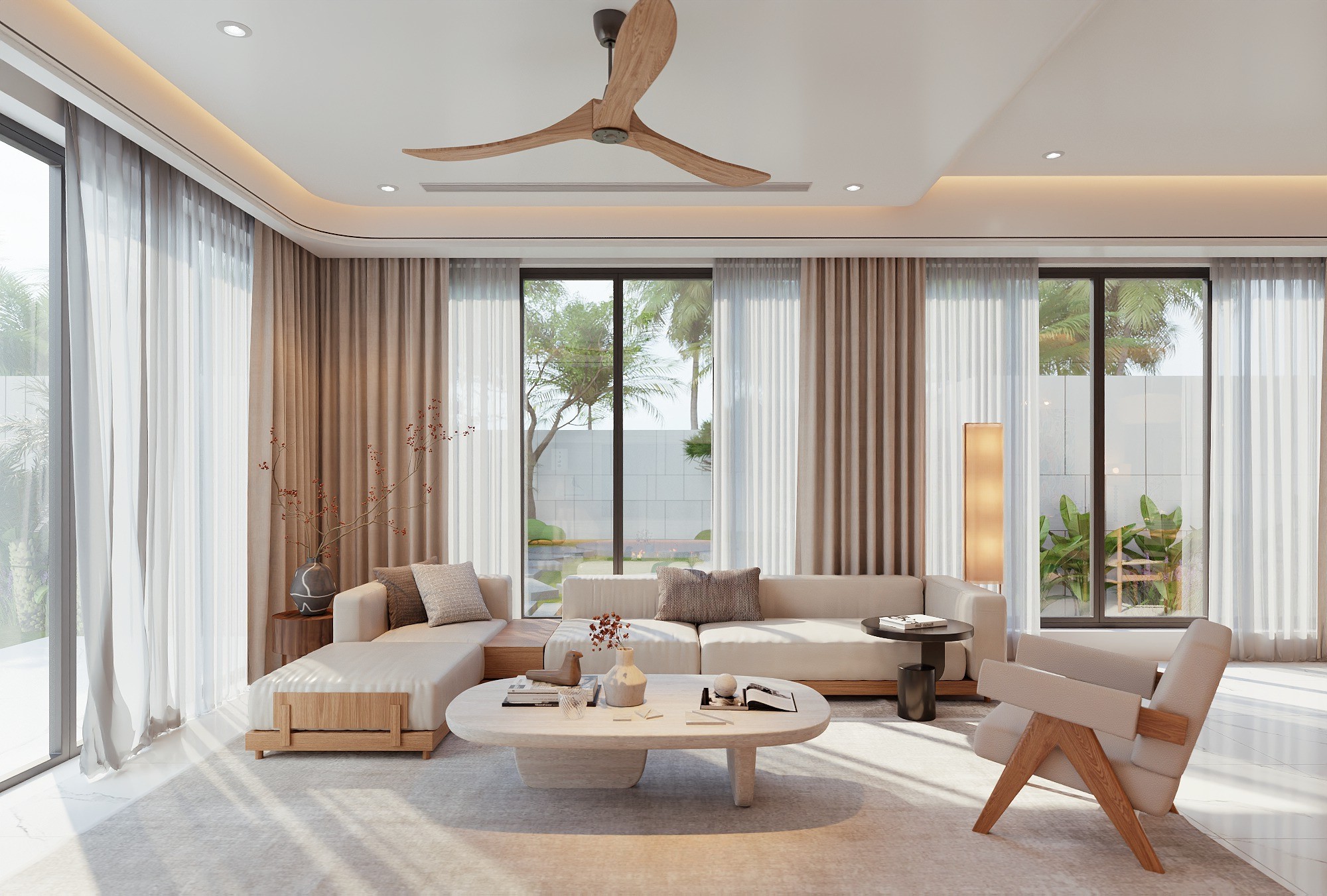 Sofa gỗ đơn giản chữ L gỗ sồi với đệm màu be và bàn trà bọc vải