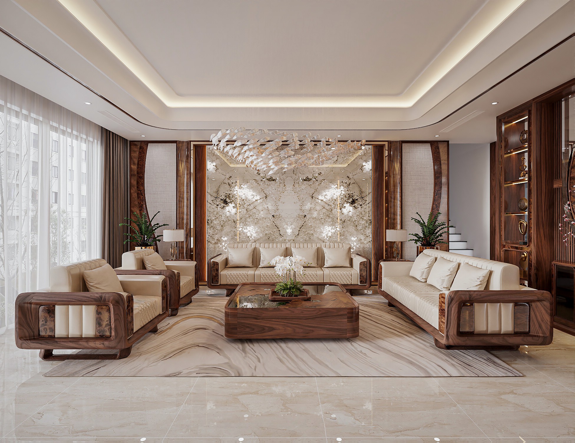 Sofa gỗ óc chó kê chữ U phối da bò trắng và Nu óc chó