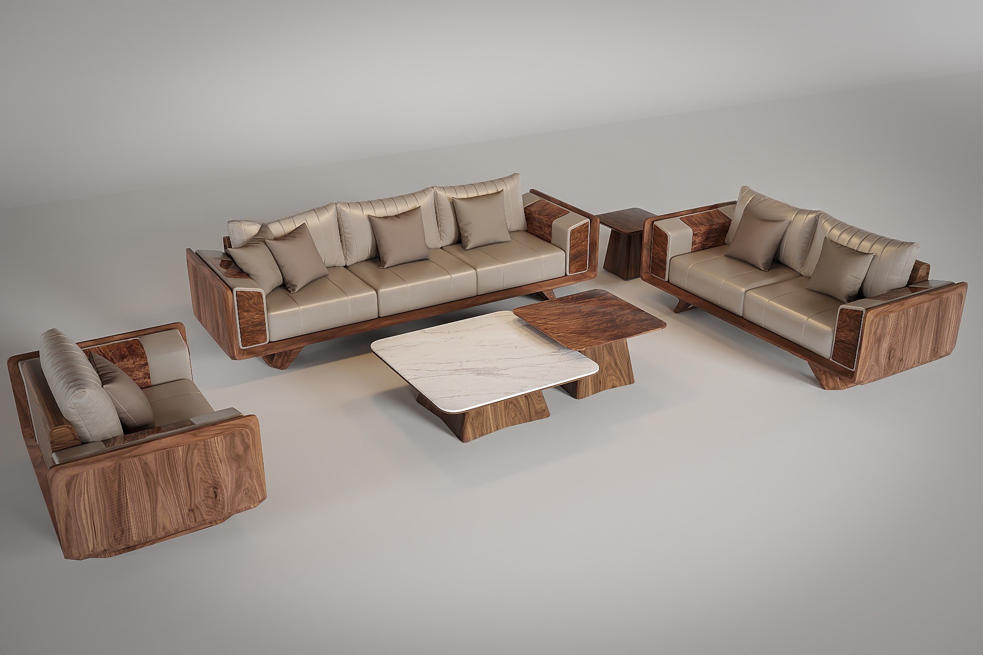 Sofa gỗ phòng khách hiện đại kích thước lớn với bàn trà đá granite