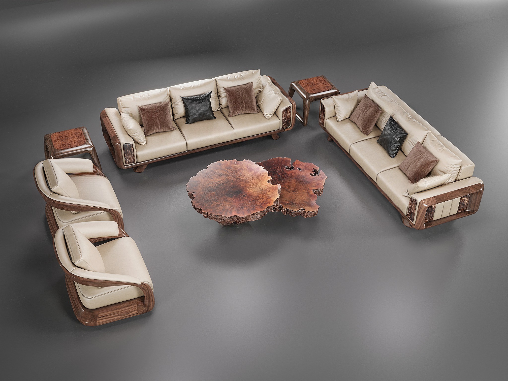 Sofa gỗ tự nhiên hình chữ U với bàn trà veneer nu sang trọng