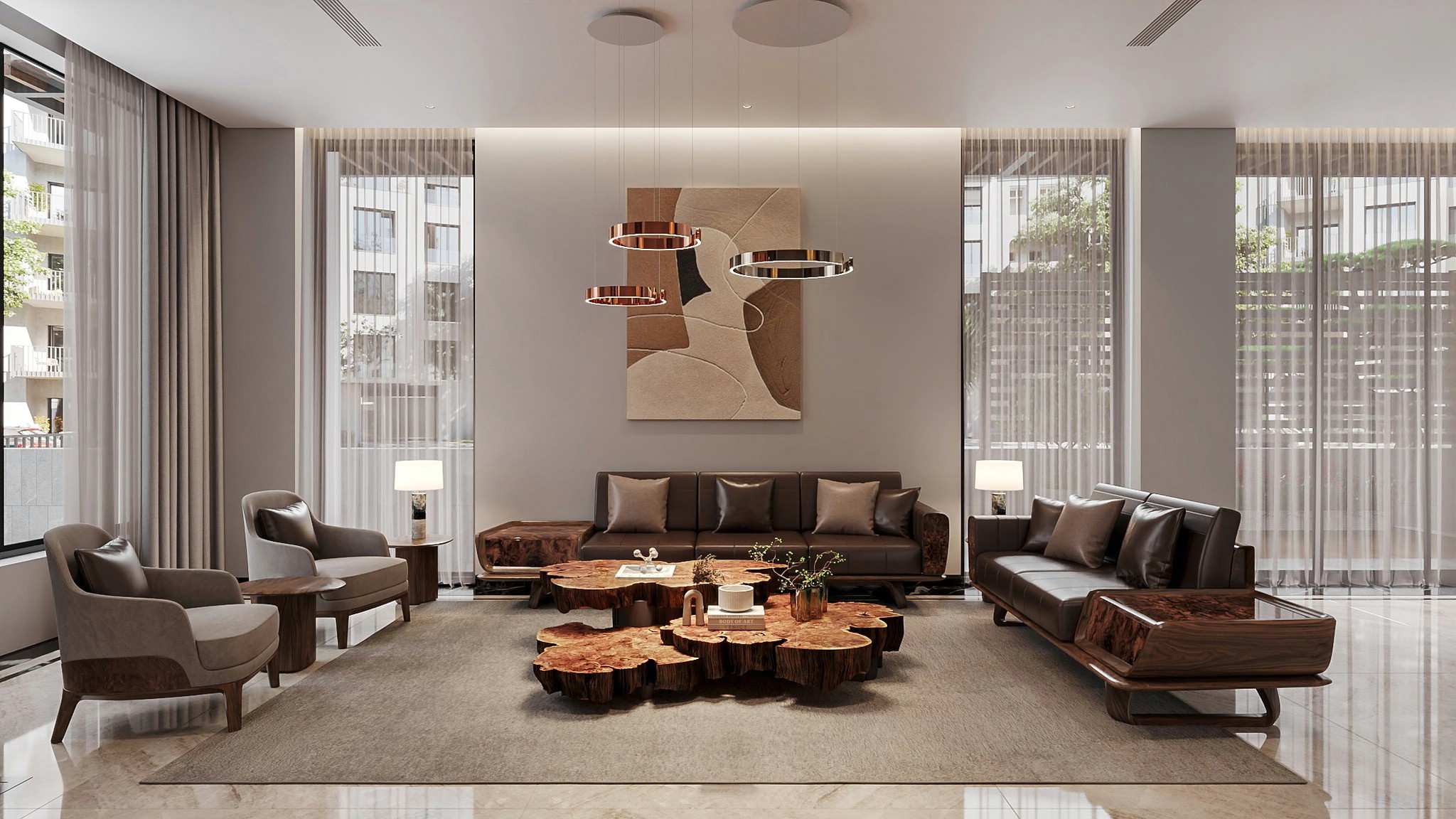 Bộ sofa gỗ với khung gỗ óc chó, đệm da nâu, ghế đơn lưng cong bọc nỉ xám