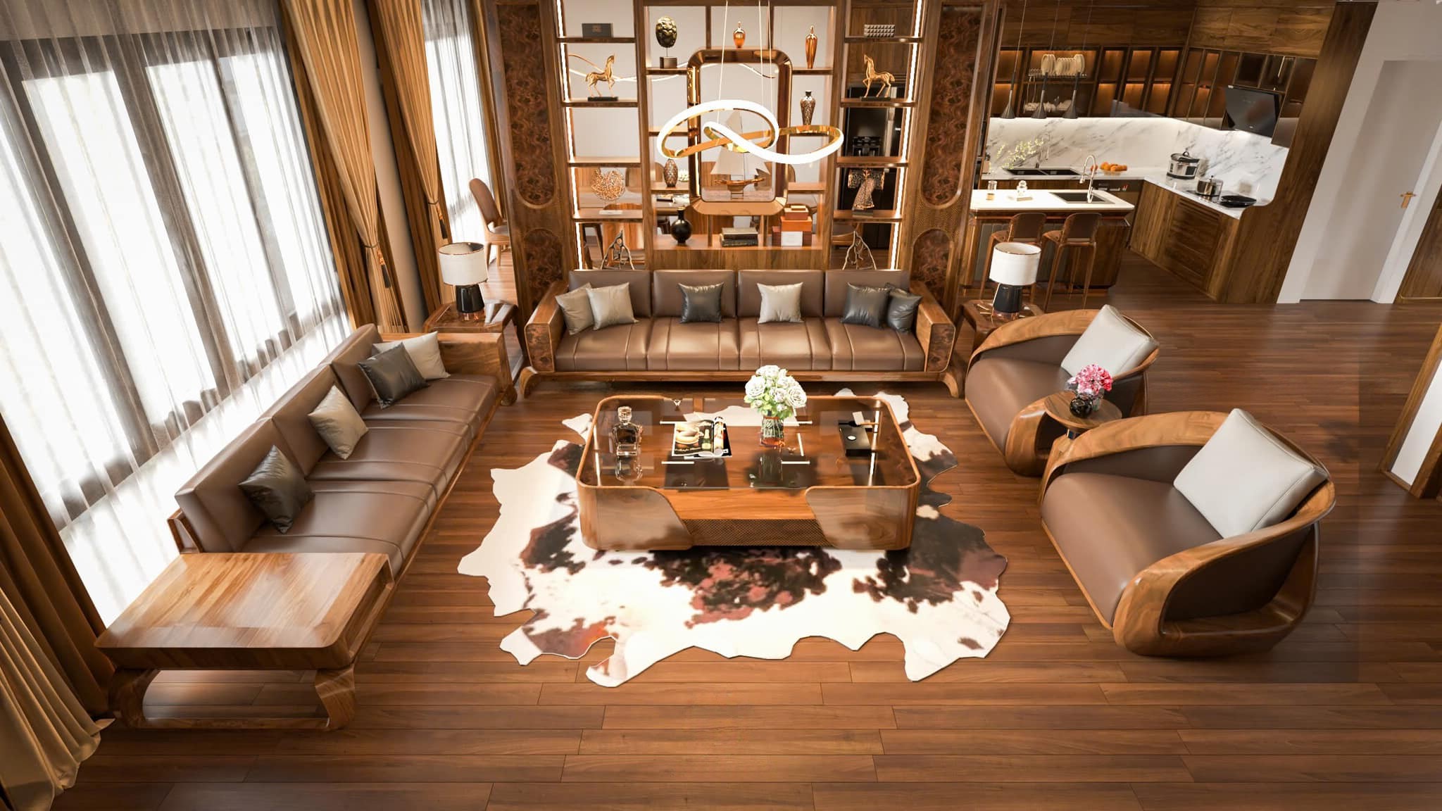 Sofa gỗ óc chó màu nâu vàng sang trọng