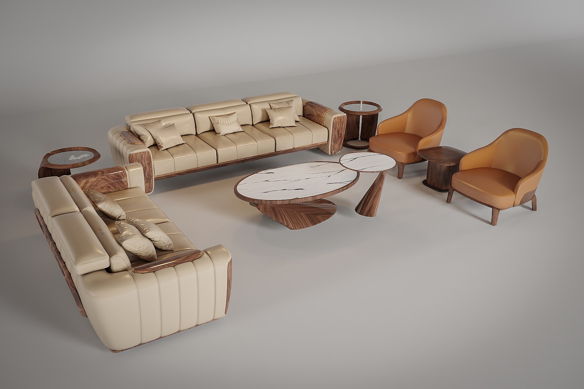 Sofa phòng khách gỗ hiện đại với ghế lounge lưng cong, bàn đá vân mây
