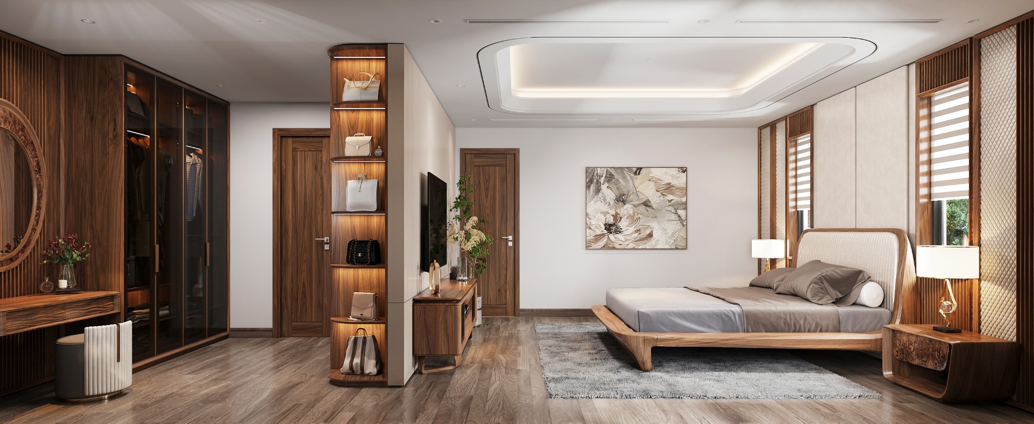 Thi công nội thất gỗ óc chó phòng ngủ cao cấp
