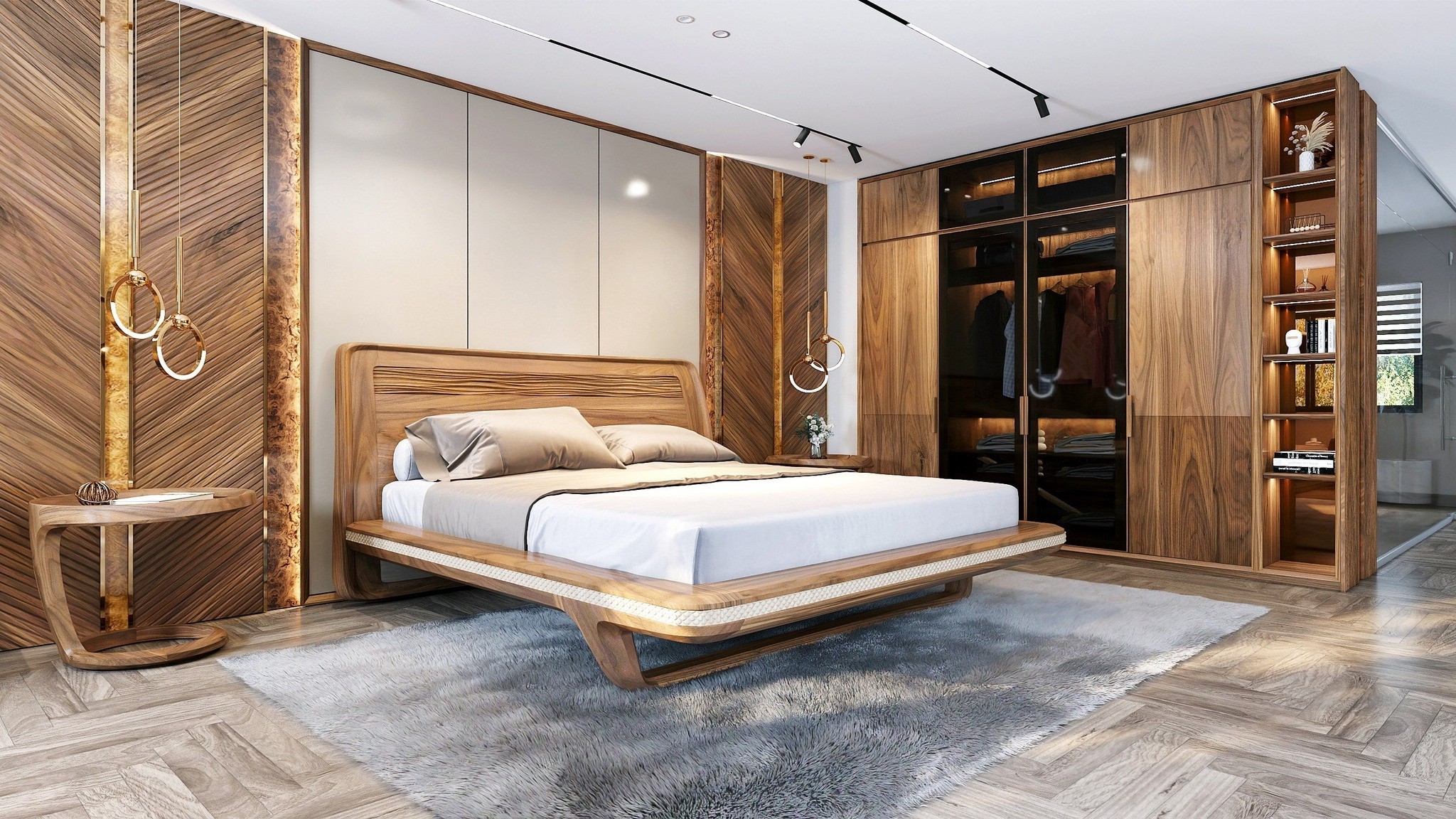 Thiết kế giường ngủ khung hộp bọc da quả trám màu trắng be sang trọng